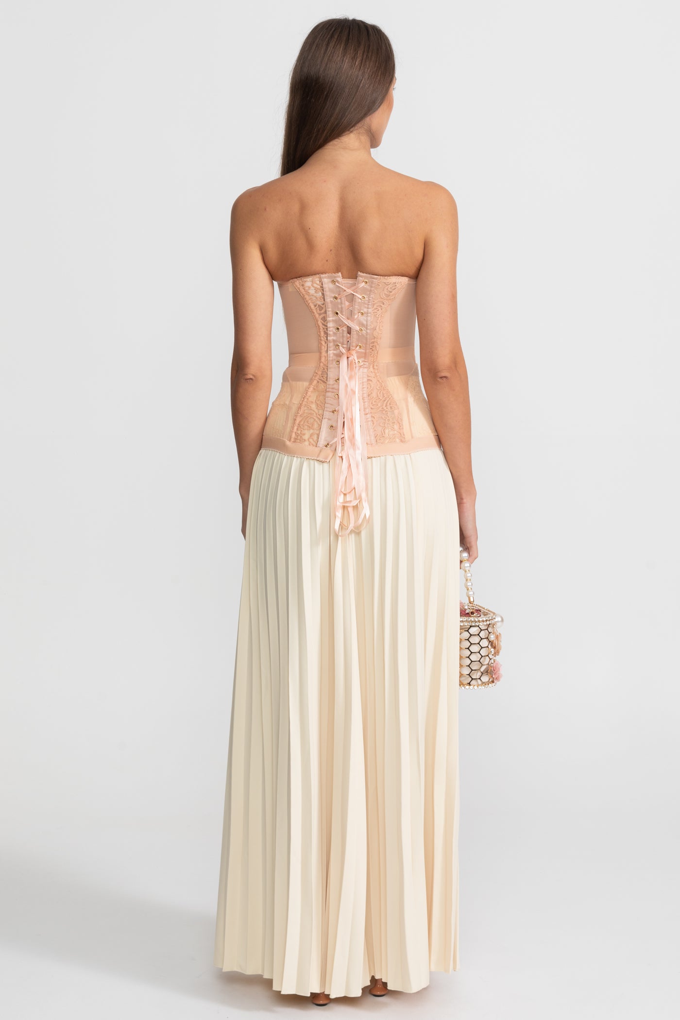 Strapless Lace Corset Top with Boning and Front Closure - Nude