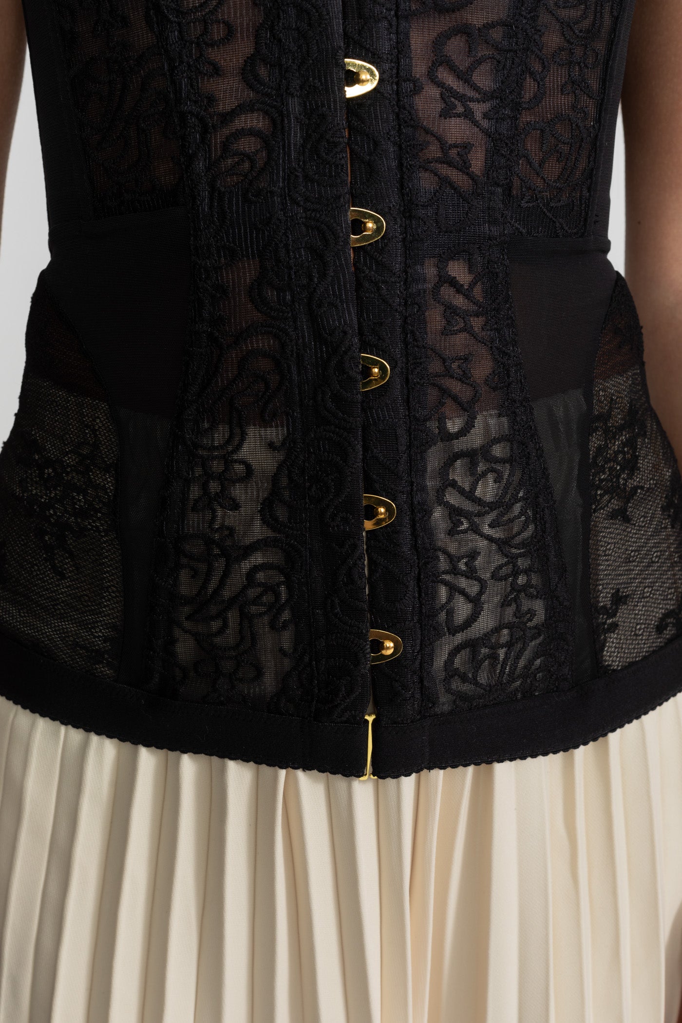 Top corset din dantelă fără bretele, cu armături și închidere frontală - Negru