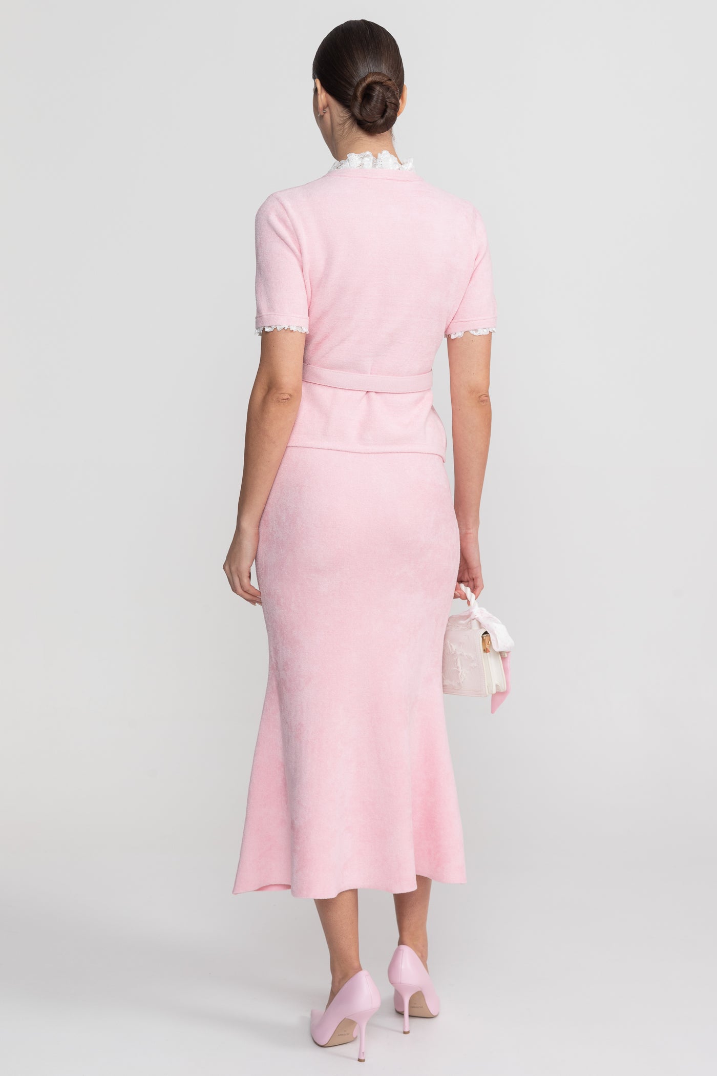 Set cu mânecă scurtă, talie peplum și curea cu nasturi din cristale - Blush Pink
