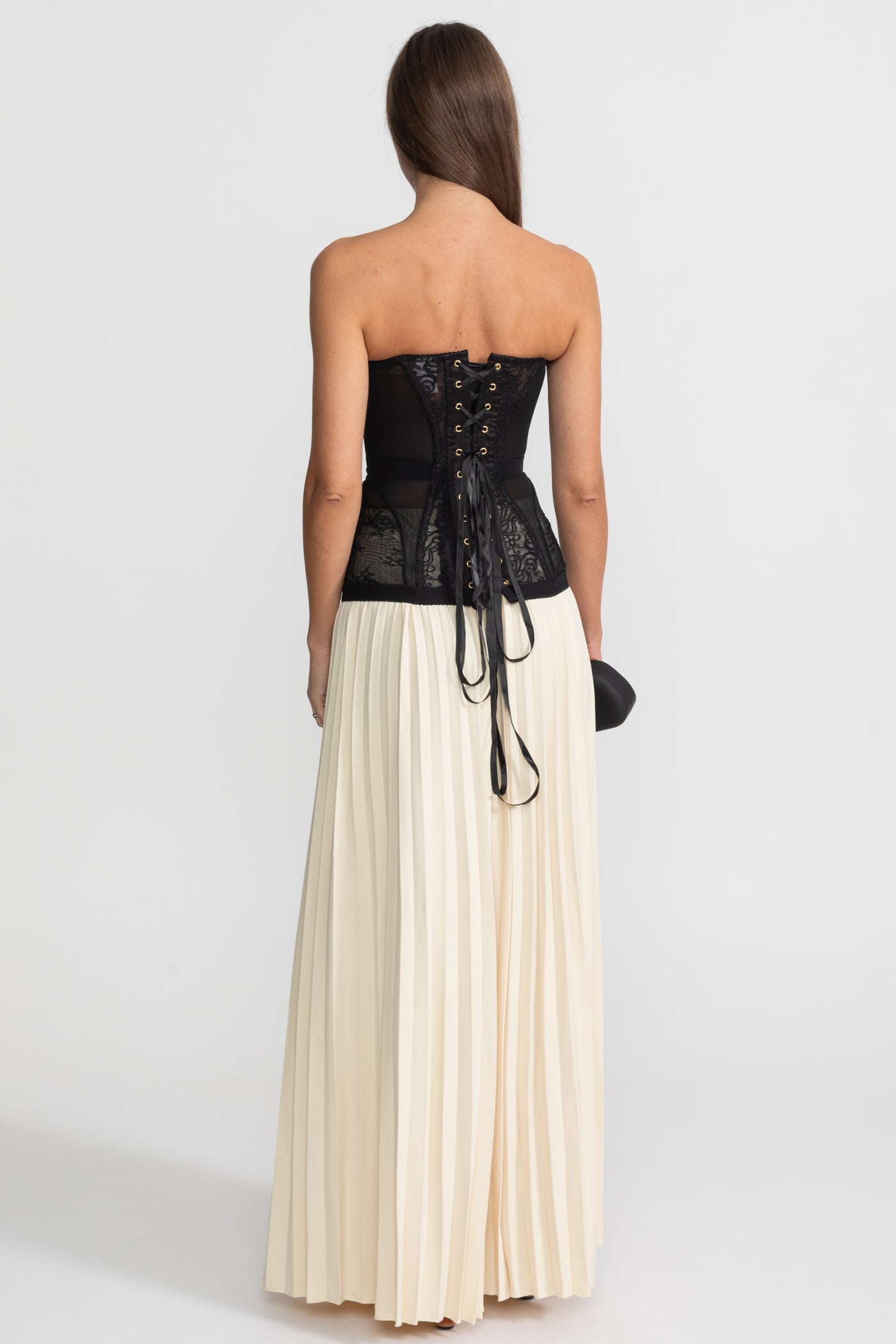 Top corset din dantelă fără bretele, cu armături și închidere frontală - Negru