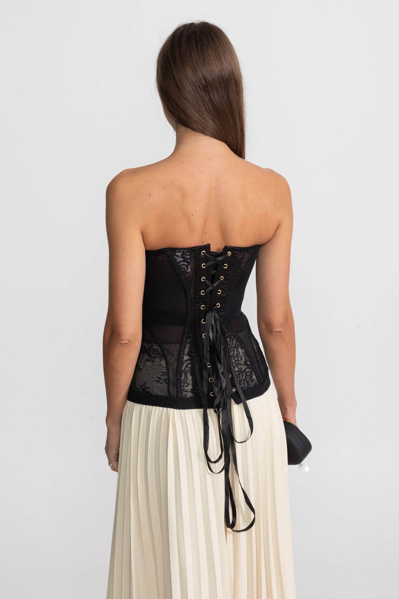 Top corset din dantelă fără bretele, cu armături și închidere frontală - Negru