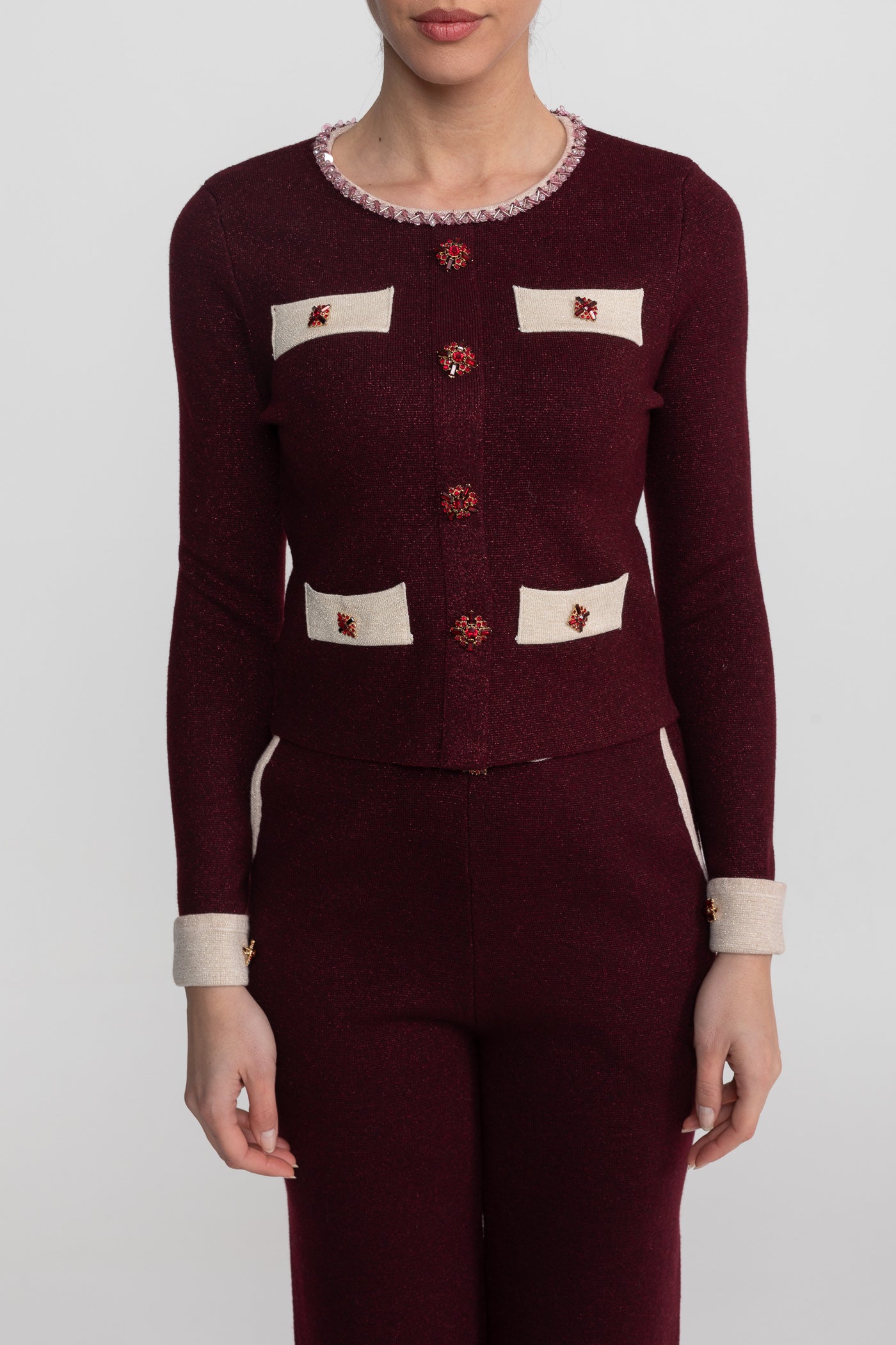 Long Sleeve Knit Co-Ord Set With Contrast Trim And Sparkling Embellishments - Burgundy