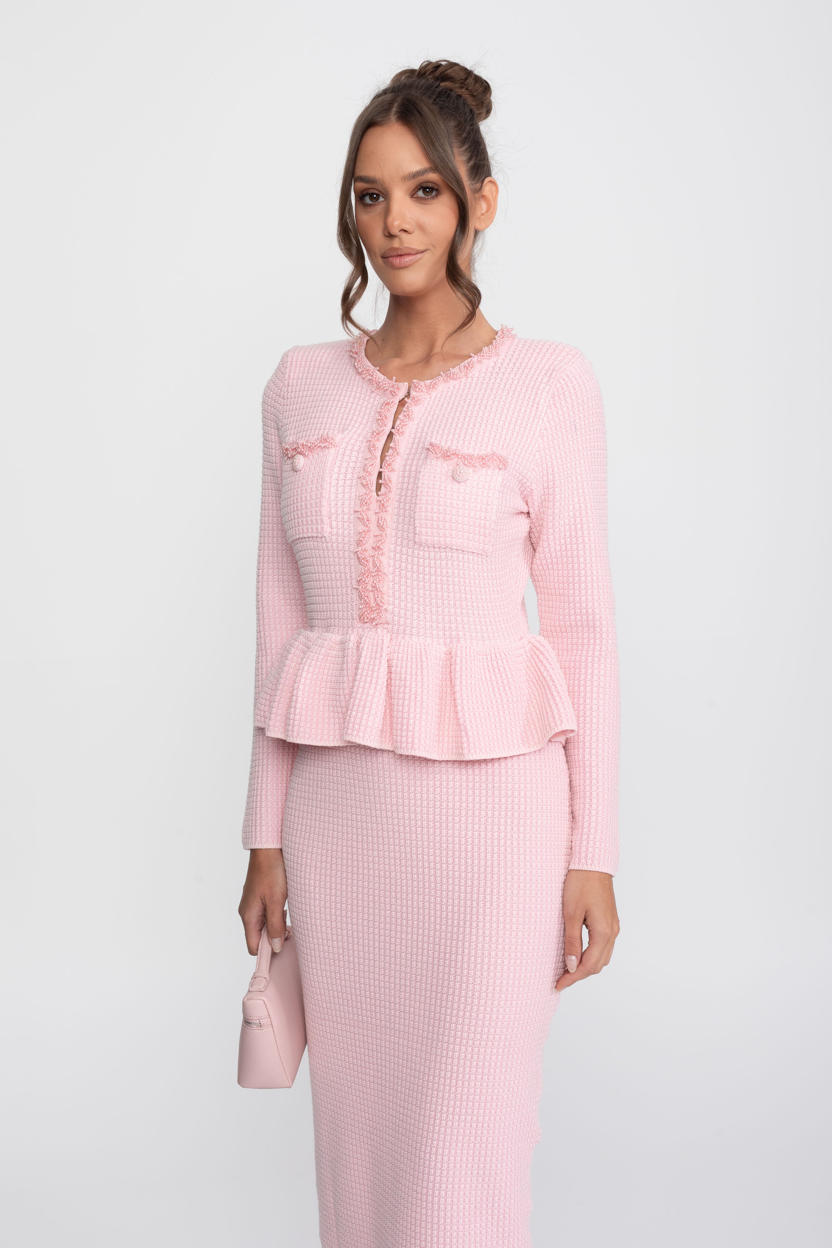 Rochie tricotată Peplum cu garnitură cu franjuri și buzunare frontale la piept - Roz