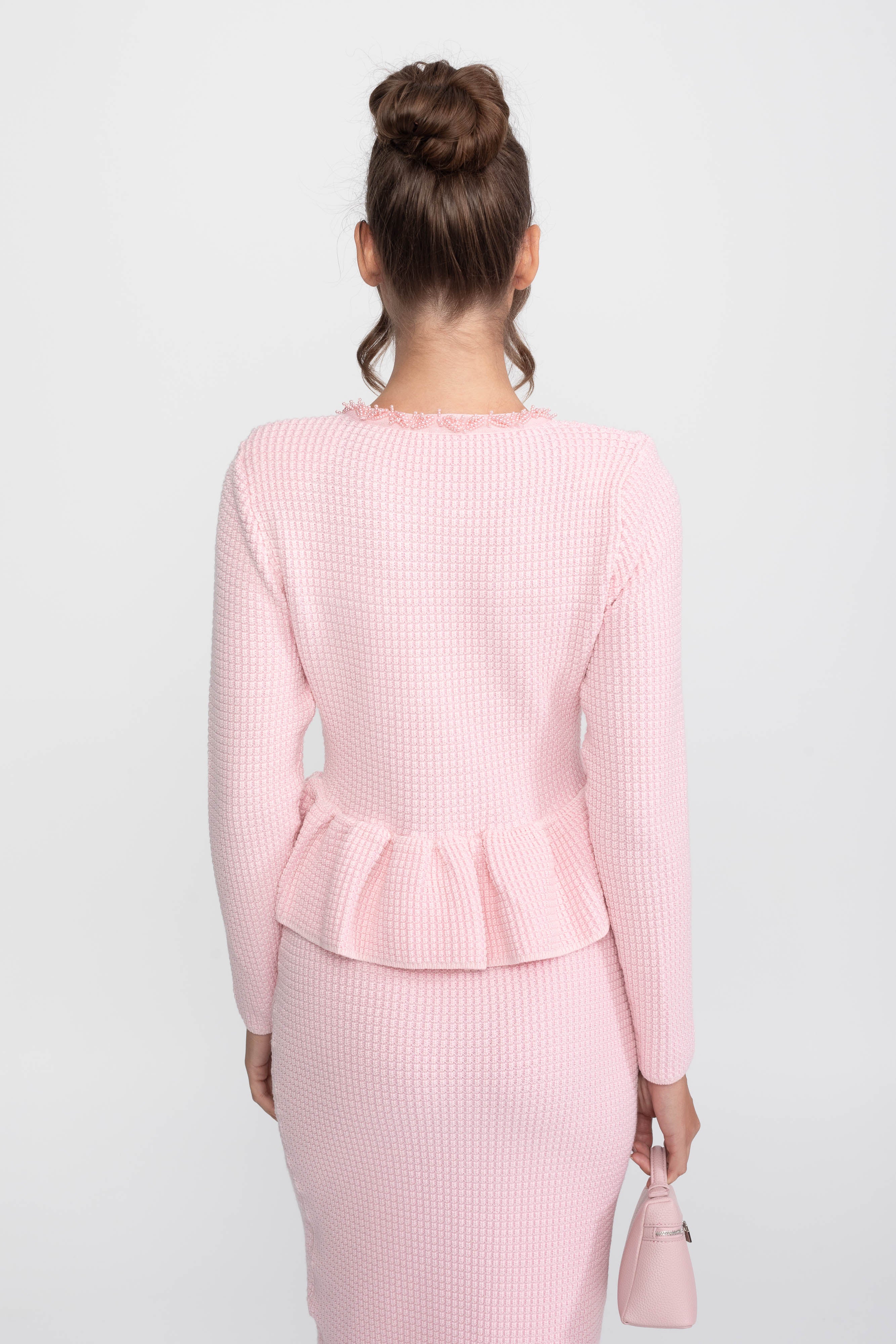 Rochie tricotată Peplum cu garnitură cu franjuri și buzunare frontale la piept - Roz