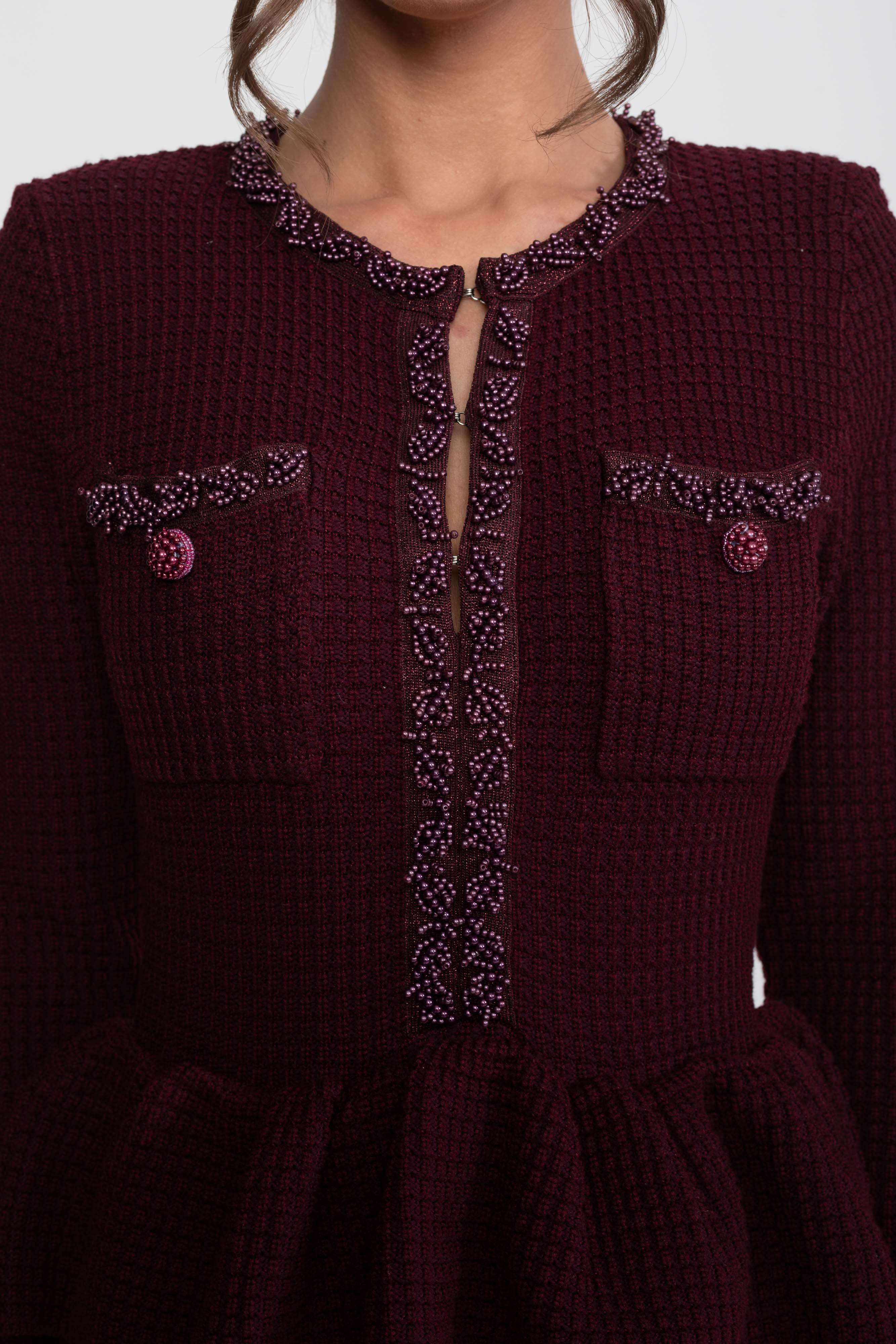 Rochie tricotată peplum cu finisaj fringe și buzunare frontale la piept - Burgundy