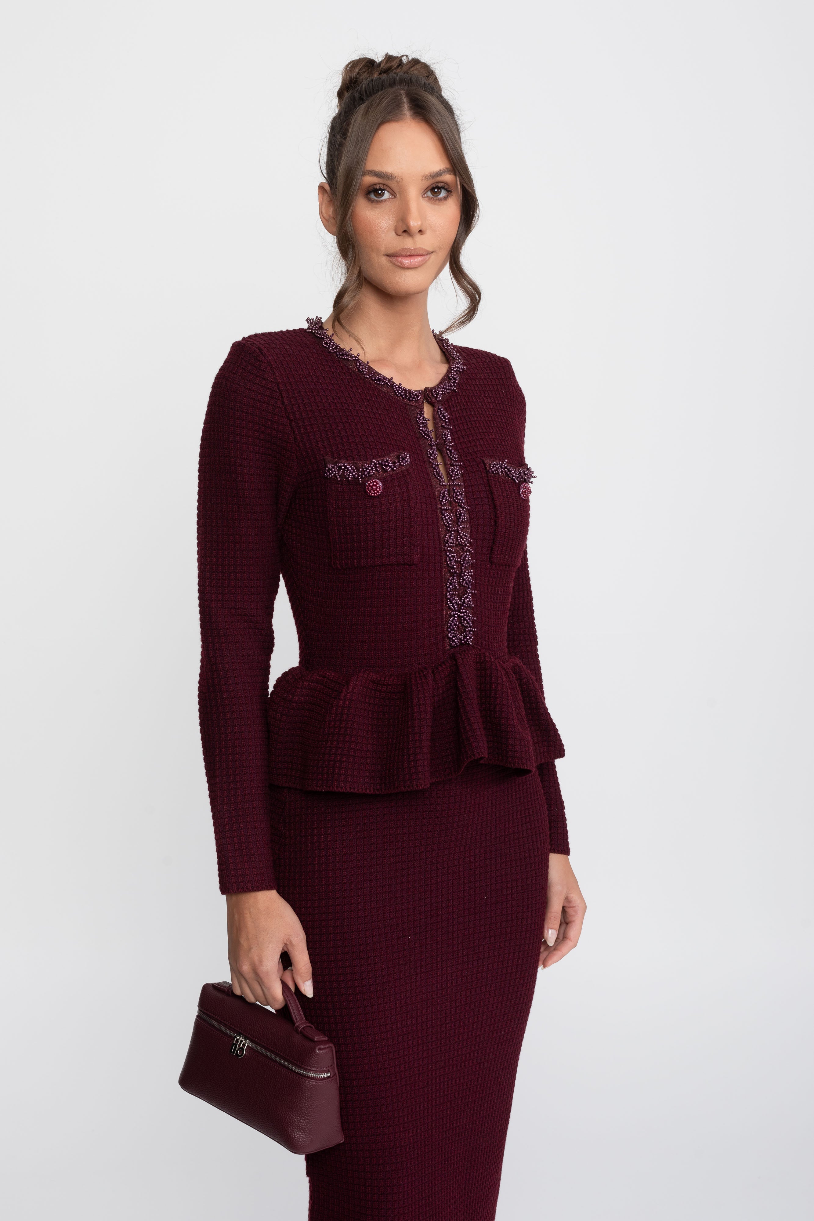 Rochie tricotată peplum cu finisaj fringe și buzunare frontale la piept - Burgundy