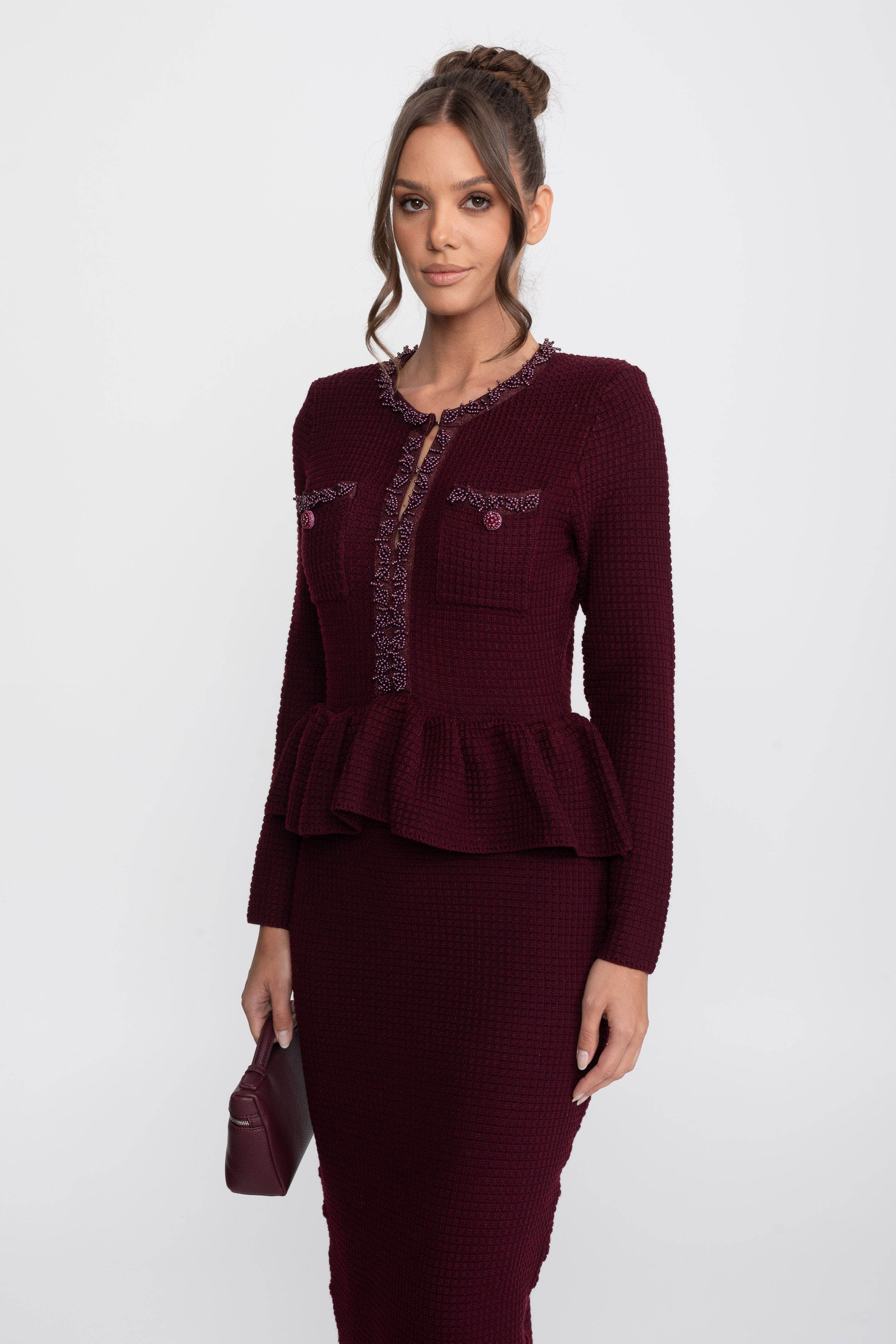 Rochie tricotată peplum cu finisaj fringe și buzunare frontale la piept - Burgundy