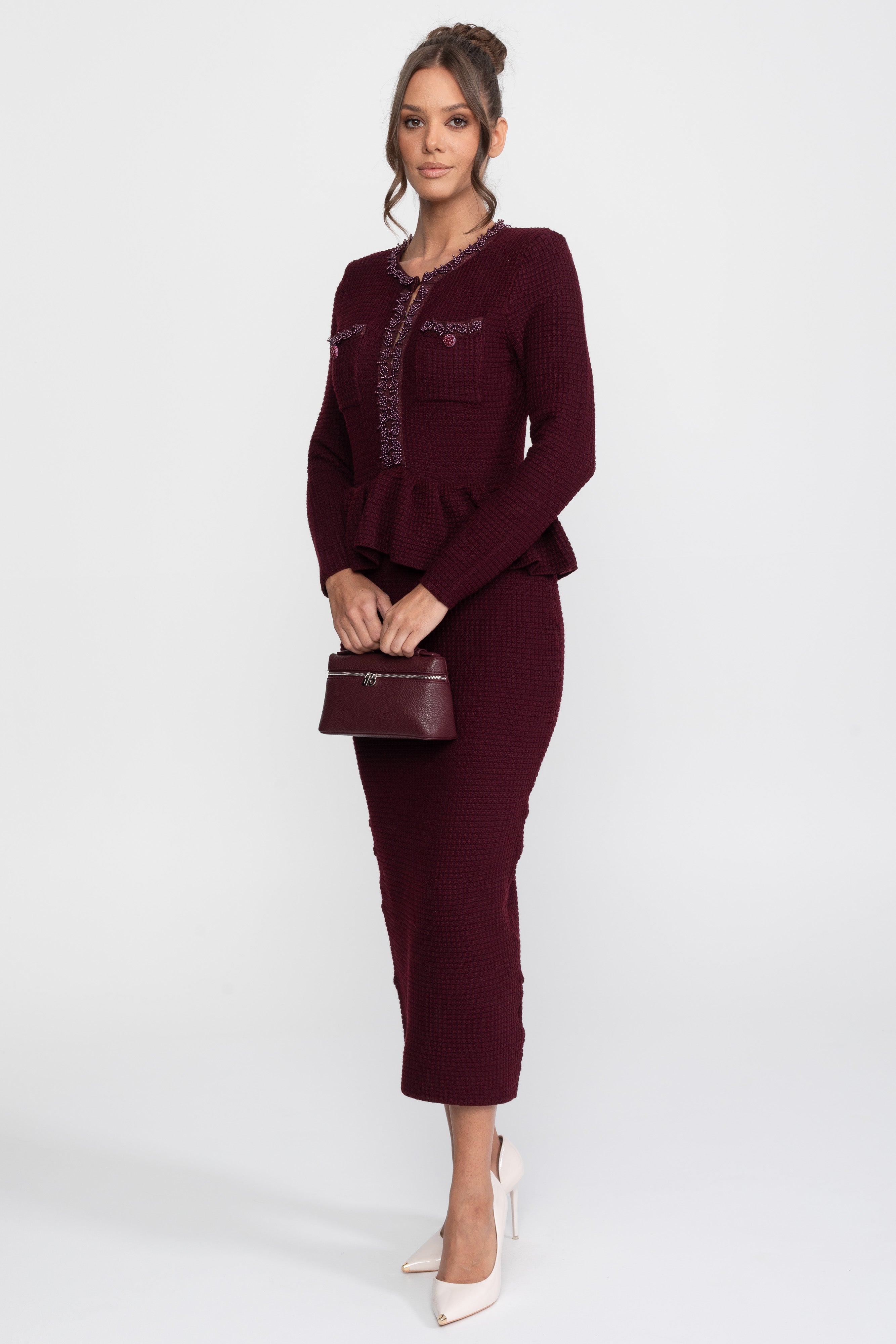Rochie tricotată peplum cu finisaj fringe și buzunare frontale la piept - Burgundy