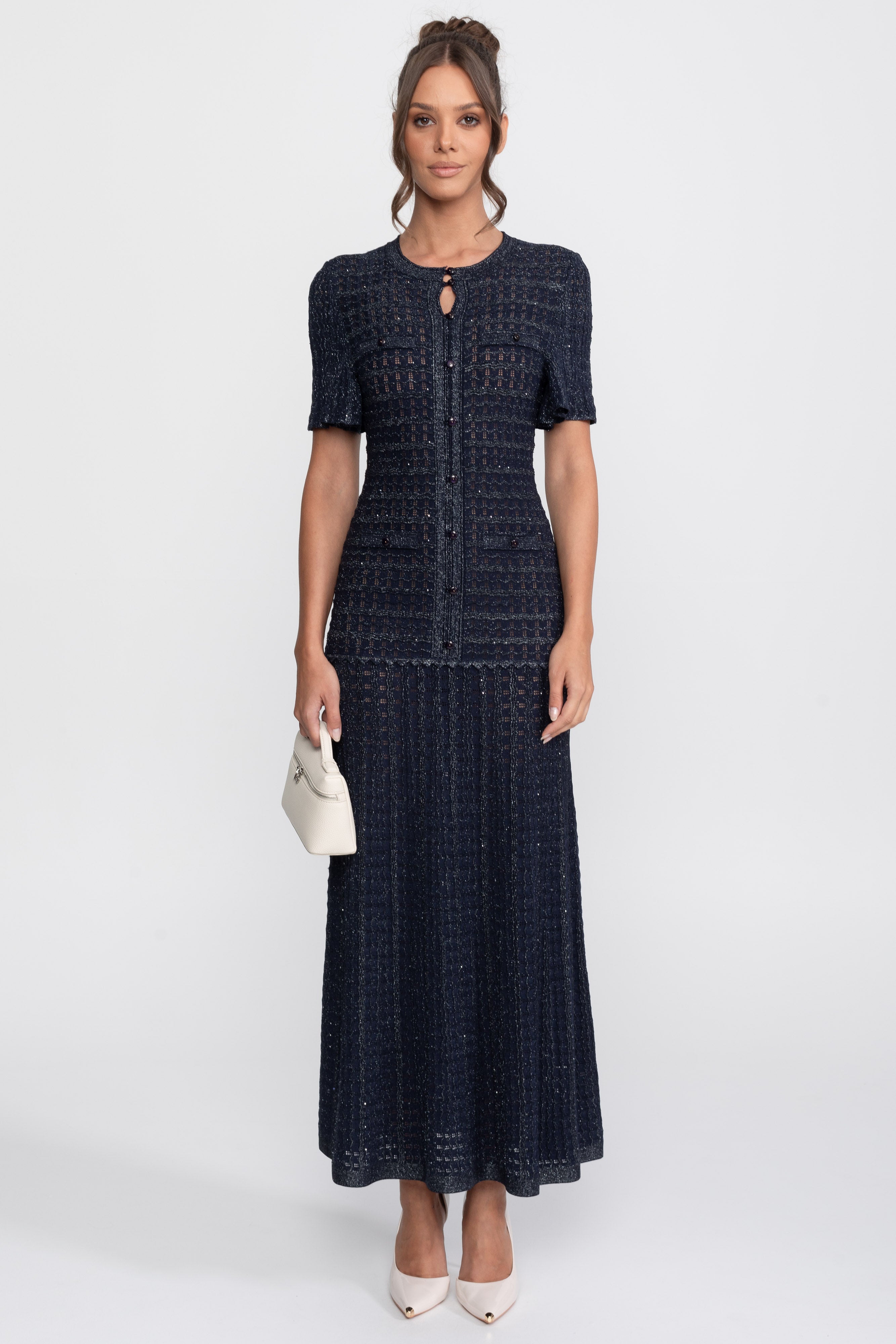 Rochie midi cu mâneci scurte, textură tricotată cu sclipiri - Navy