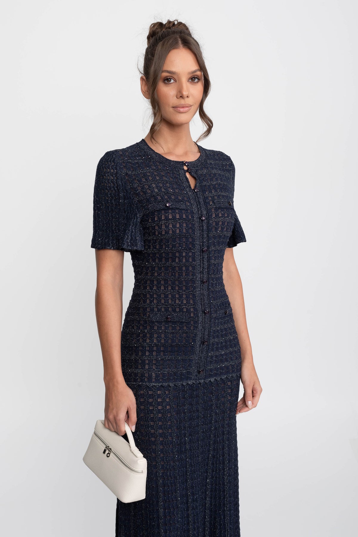 Rochie midi cu mâneci scurte, textură tricotată cu sclipiri - Navy