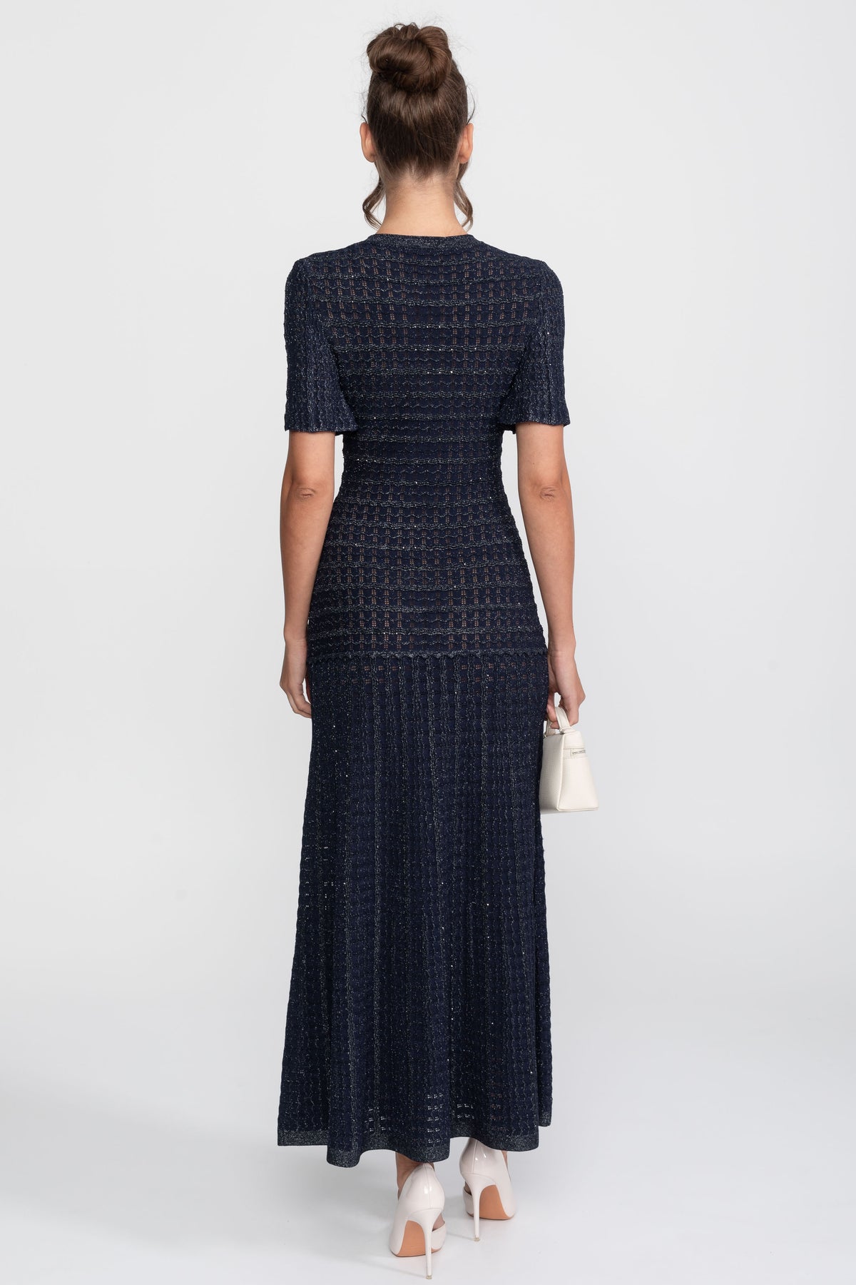 Rochie midi cu mâneci scurte, textură tricotată cu sclipiri - Navy