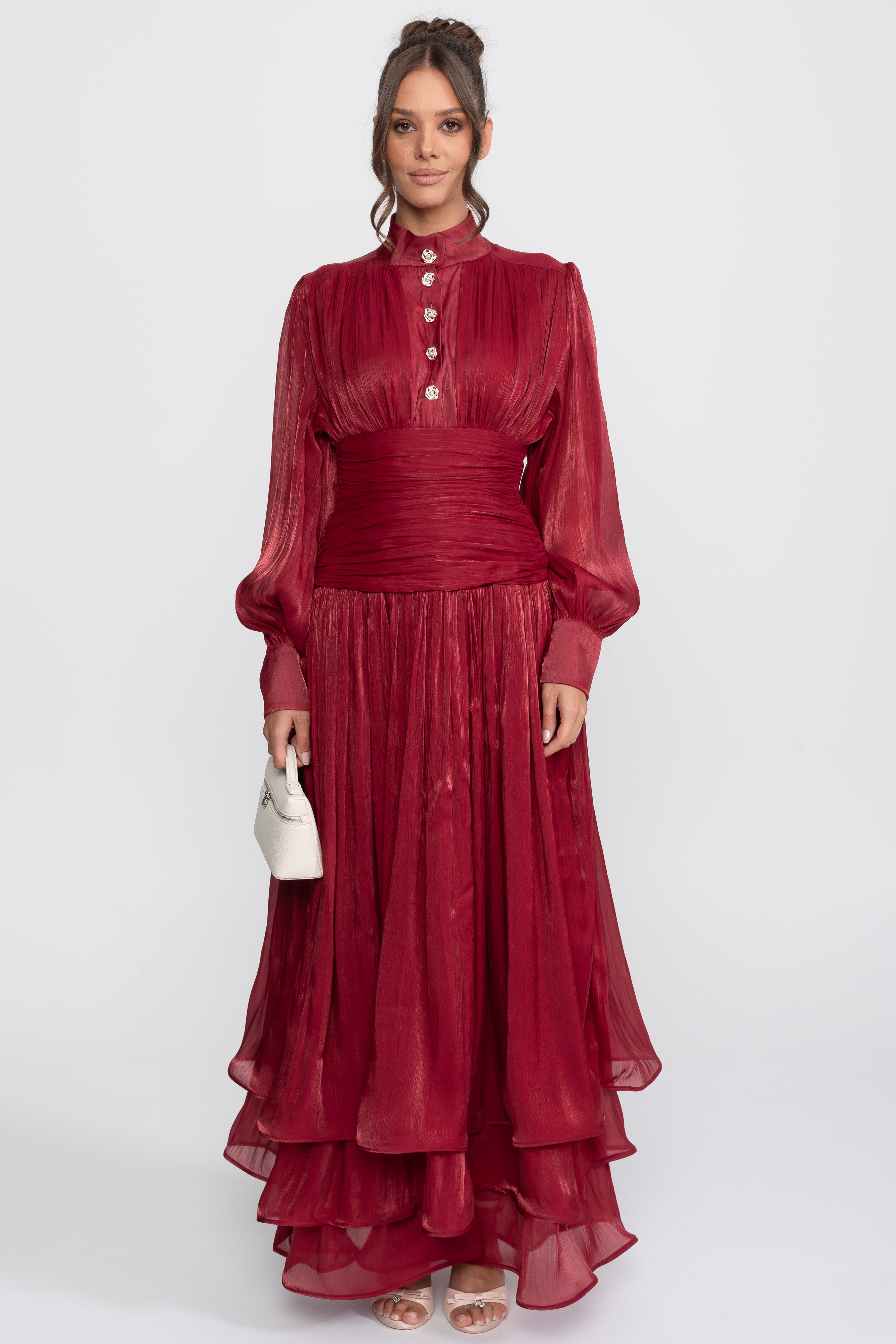 Balloon-Sleeve Tiered Maxi Dress With Jeweled Rose Buttons - Red