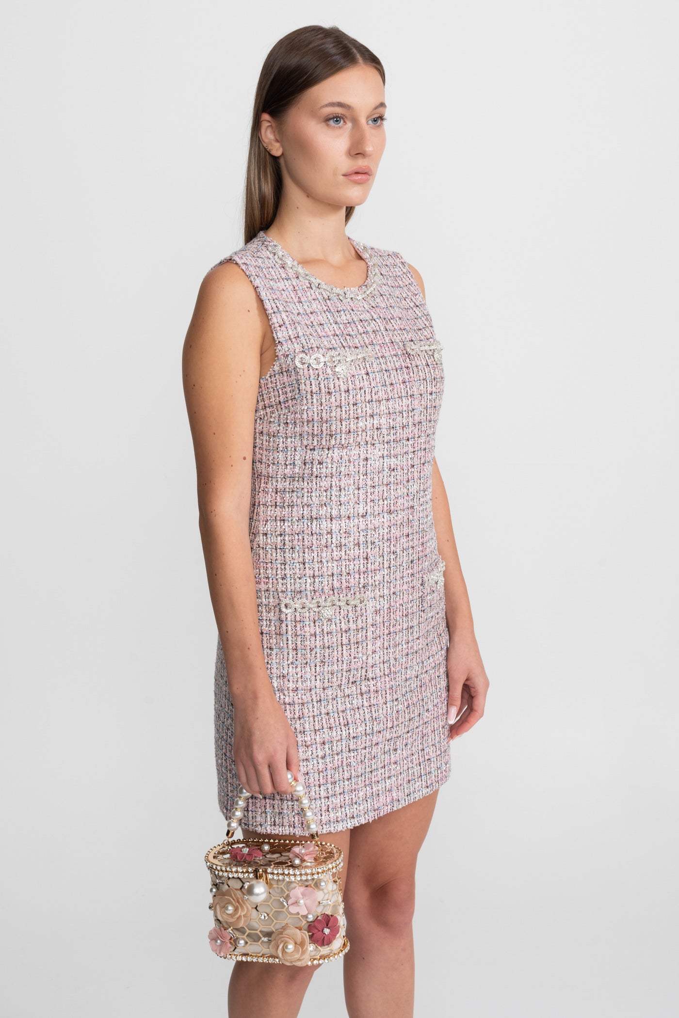 Sleeveless Tweed Mini Dress - Pink