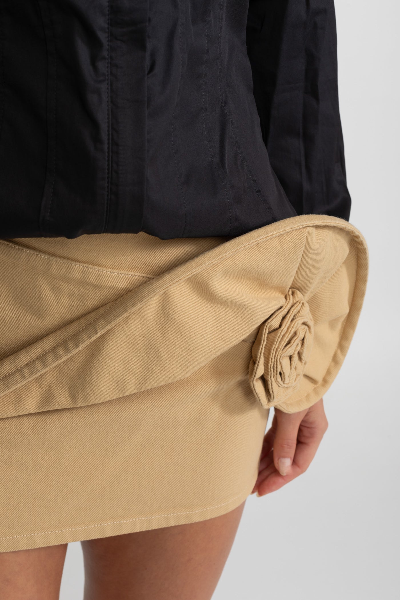 Mini Skirt with Draped Rose Appliqué - Beige