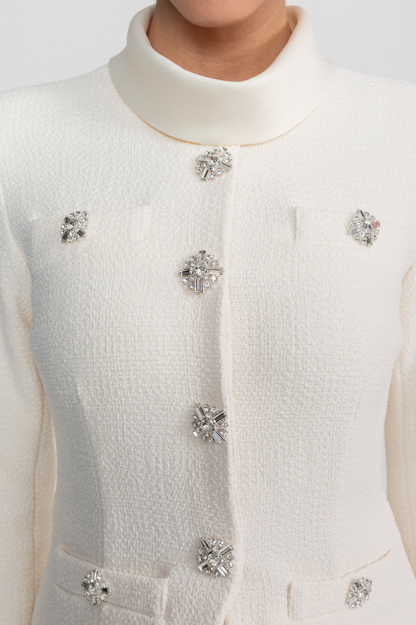 Textured Midi Dress With High Neck Jacket And Crystal Button Detail - White