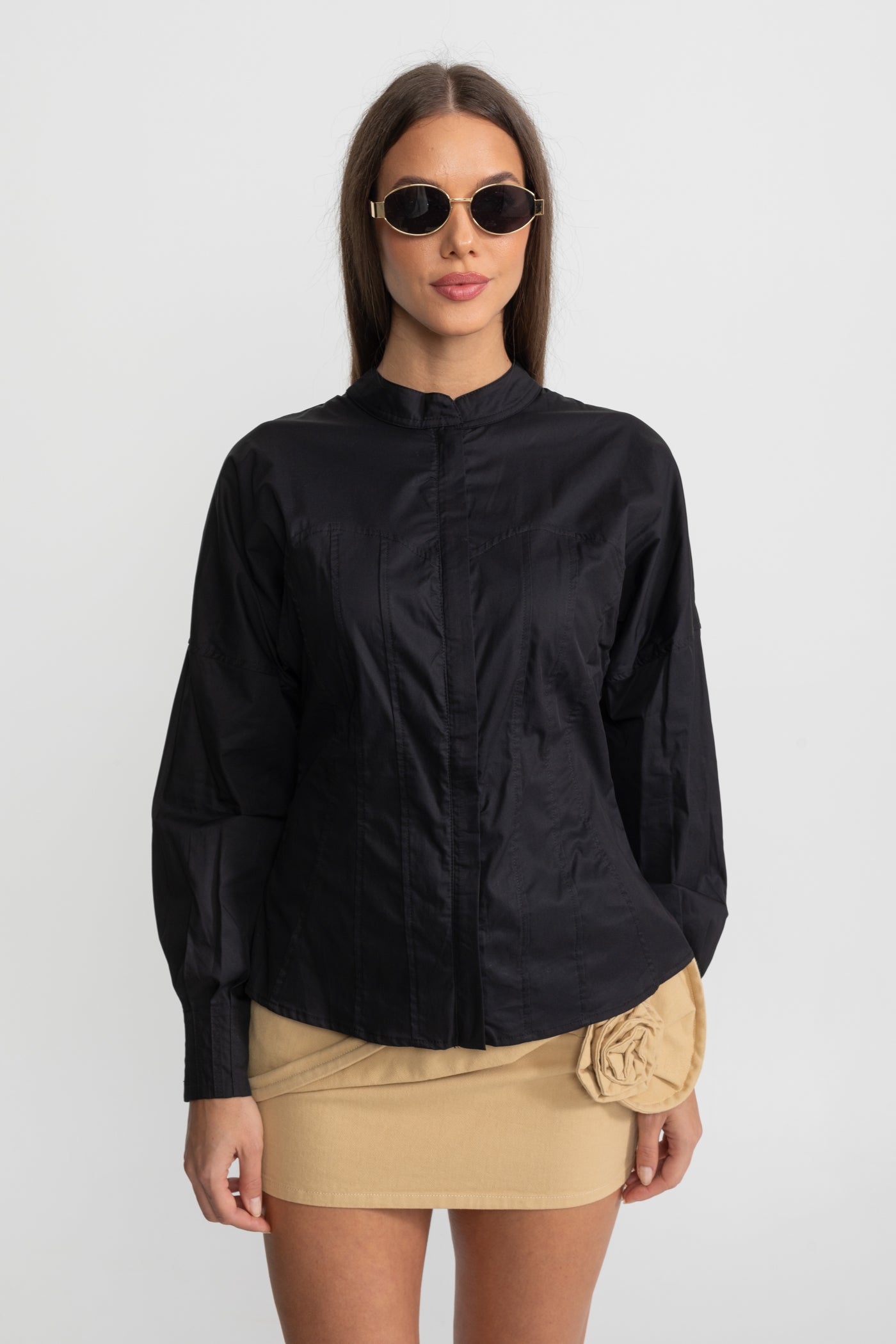 Structured Cotton Poplin Shirt With Corset Stitch Detailing – Black