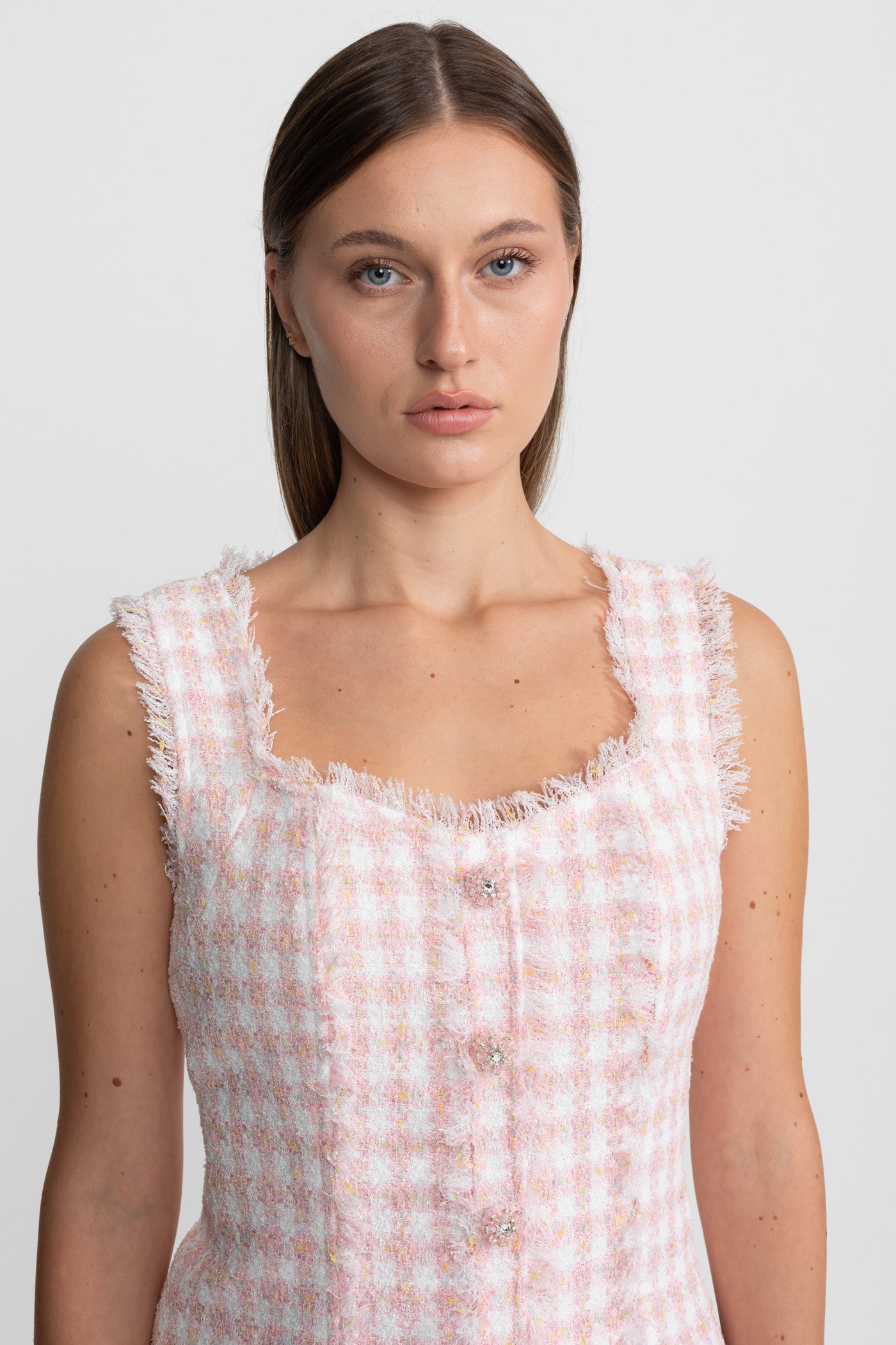 Rochie mini fără mâneci din tweed cu margini franjurate – Blush Pink
