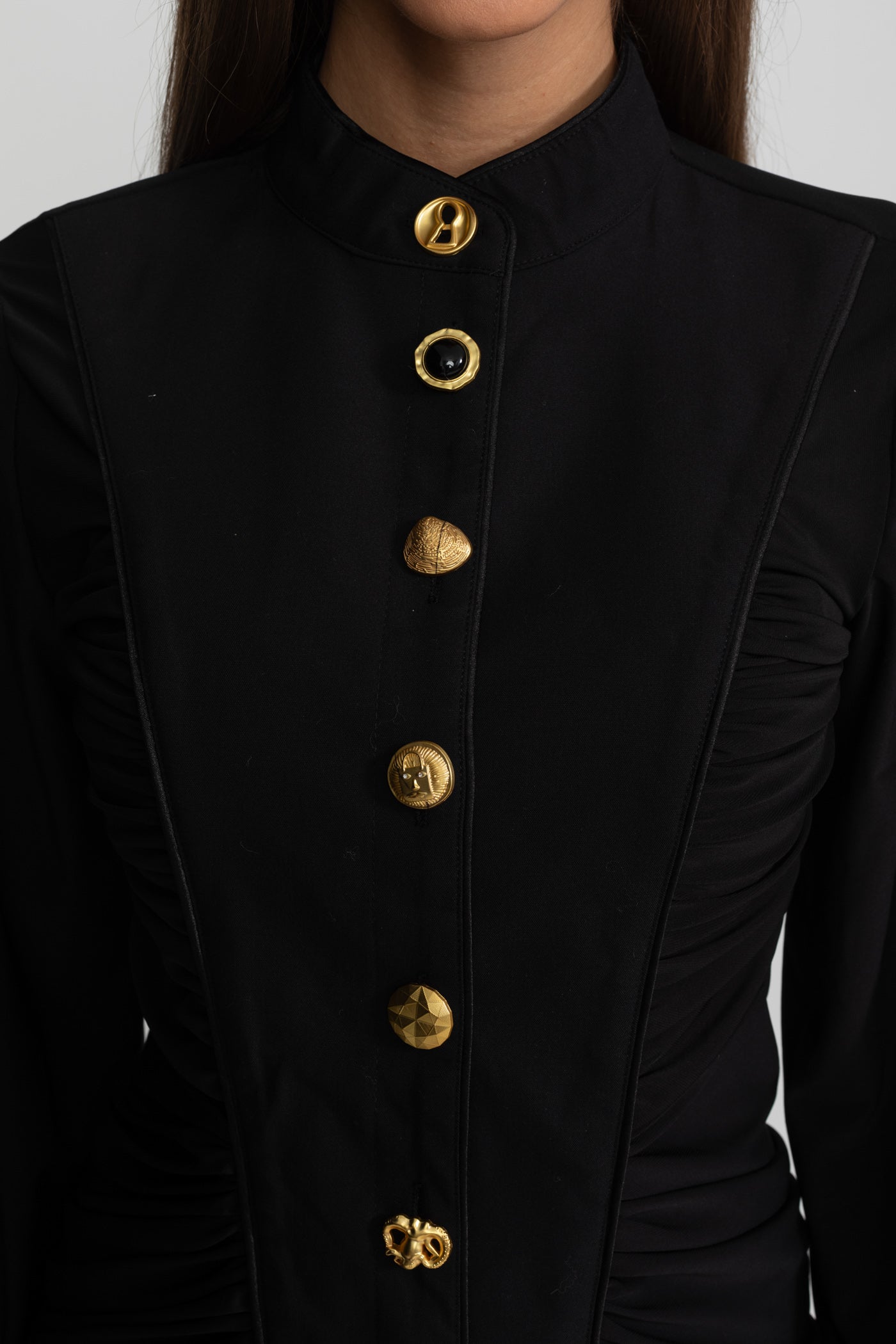 Draped Maxi Dress with Gold Statement Buttons - Black