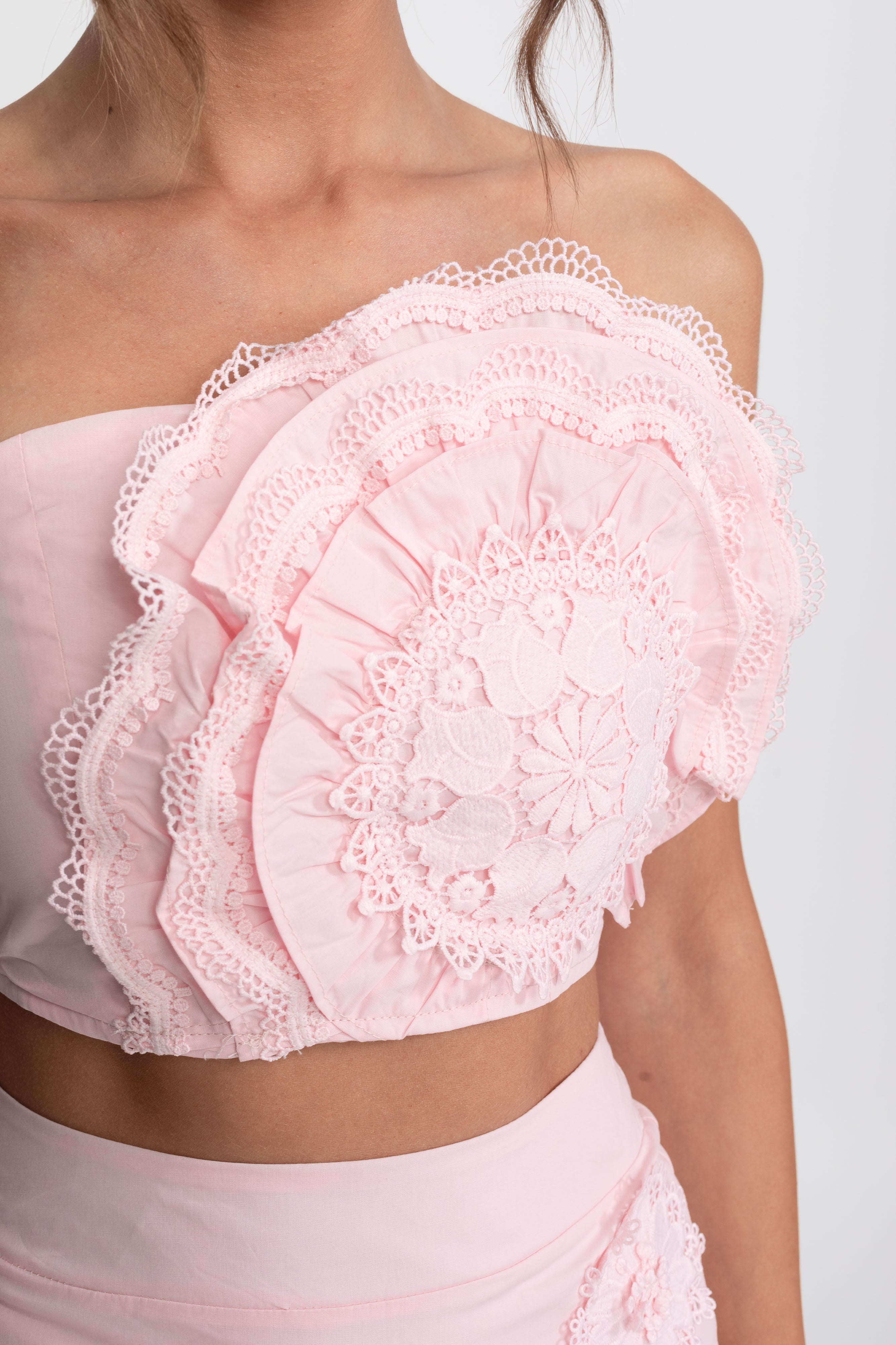 Crochet Medallion Two-Piece Set With Ruffled Maxi Skirt - Pink