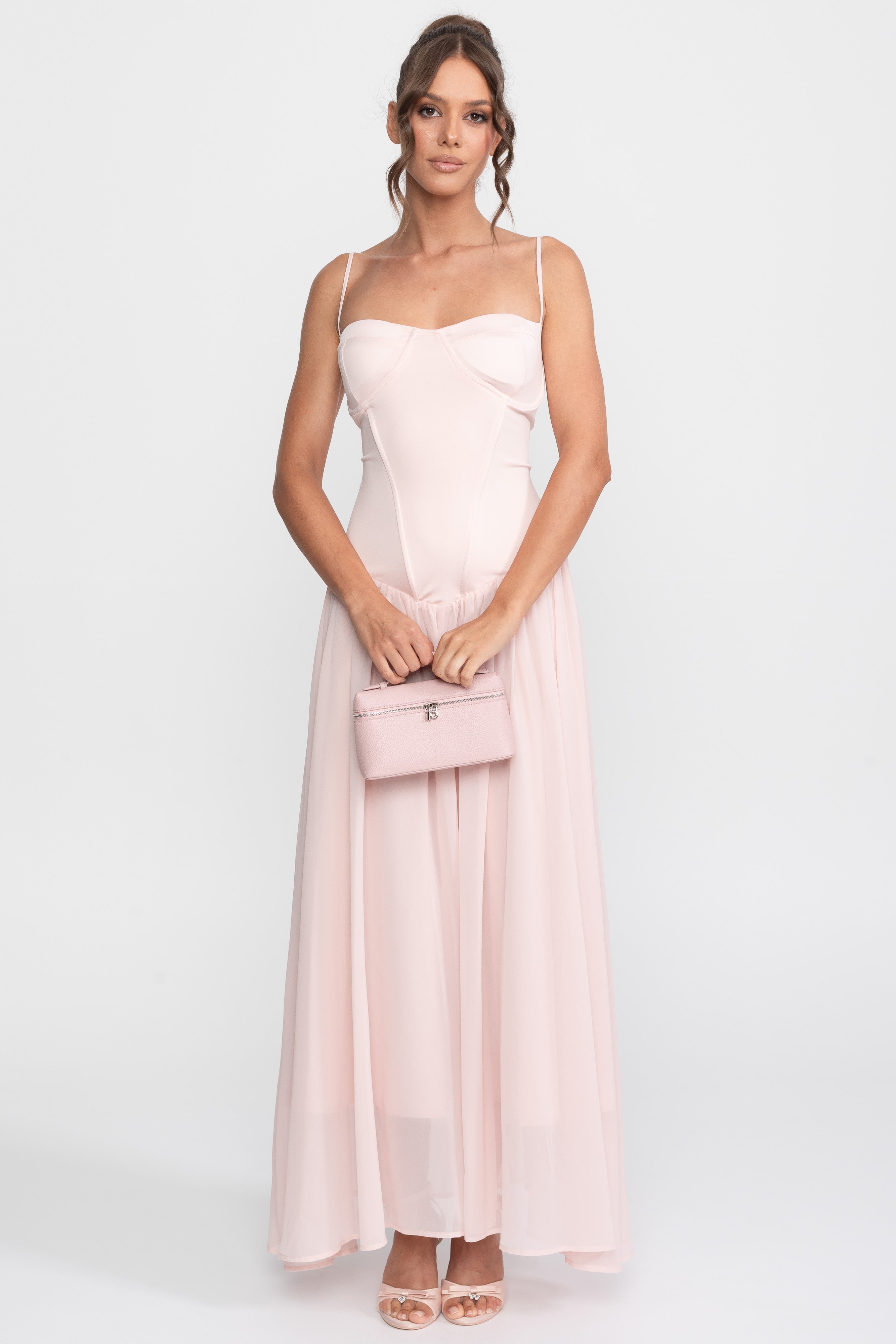 Rochie din șifon cu corset și talie coborâtă - roz