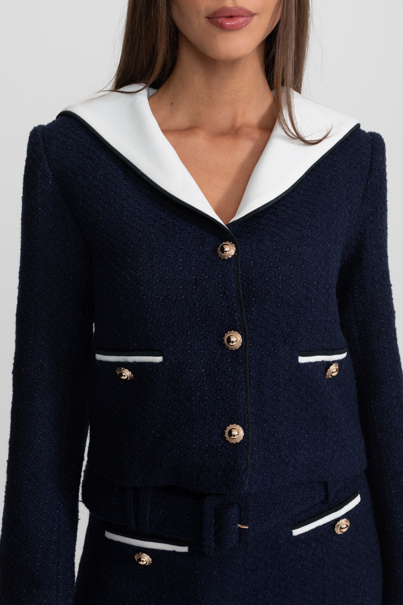 Jachetă Cropped din Tweed cu Guler Contrastant - Navy