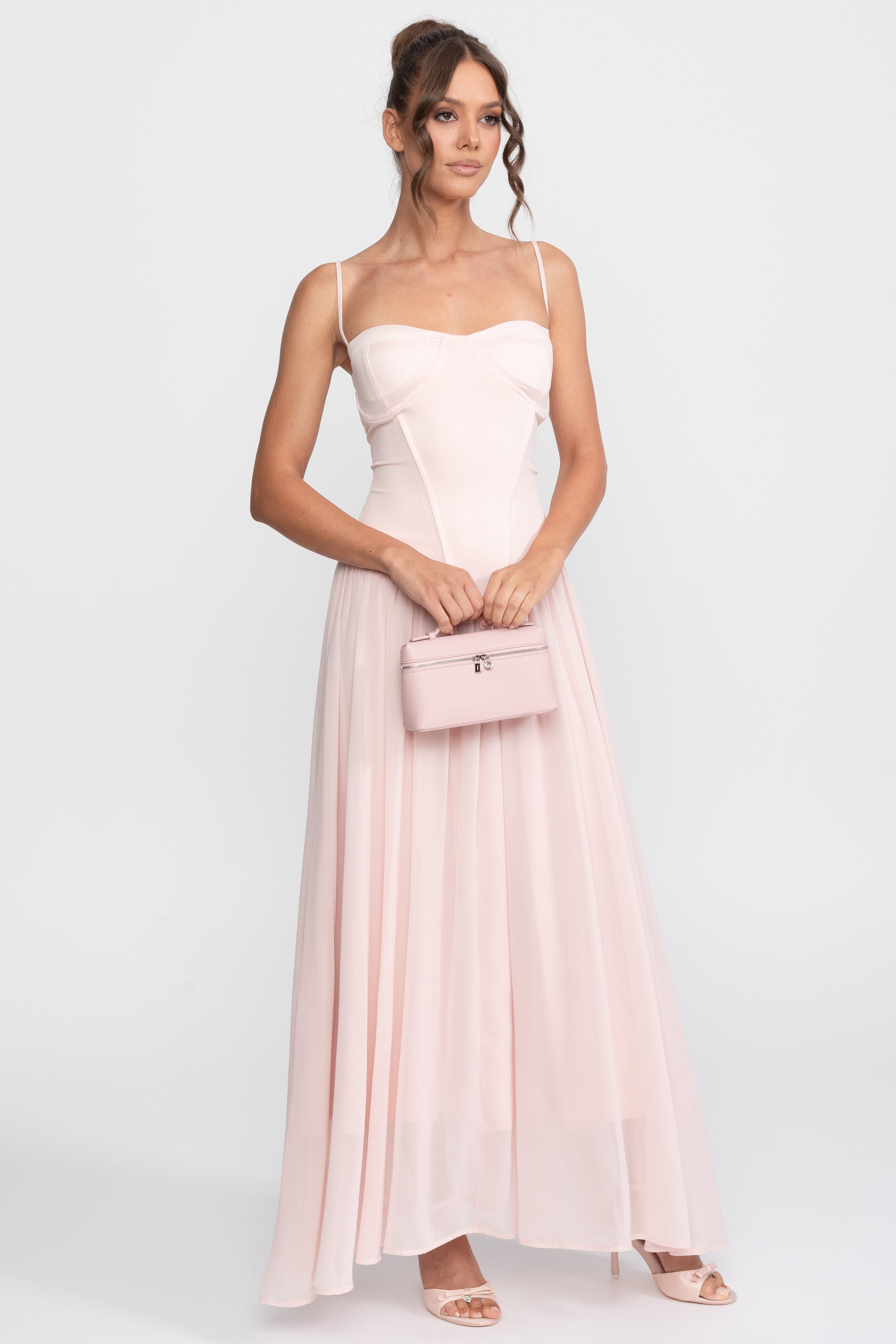 Rochie din șifon cu corset și talie coborâtă - roz