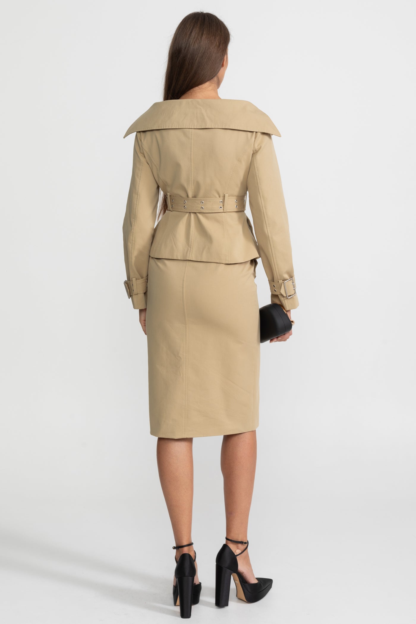 Off-Shoulder Peplum Trench Jacket and Pencil Skirt Co-Ord Set – Khaki