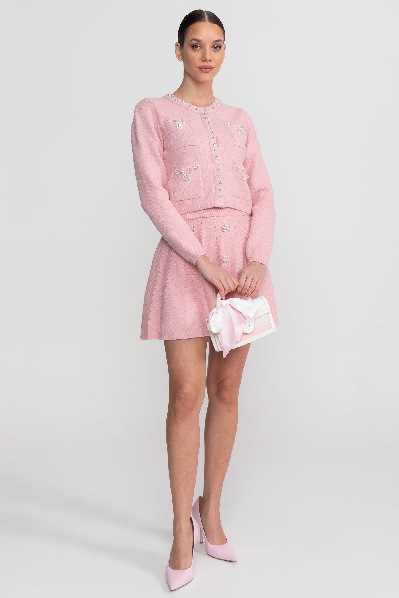 Knit Co-Ord Set With Long Sleeve Cardigan And Matching Mini Skirt - Blush Pink