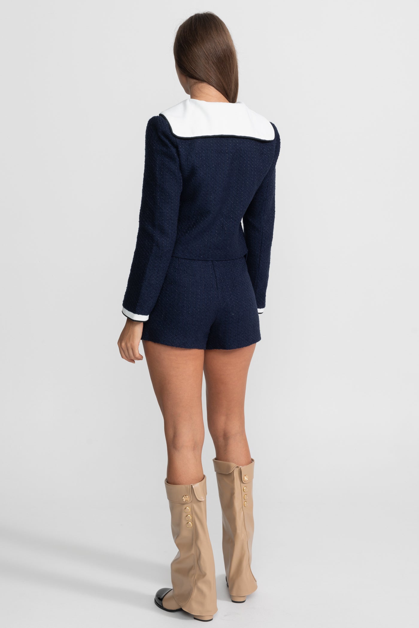 Jachetă Cropped din Tweed cu Guler Contrastant - Navy