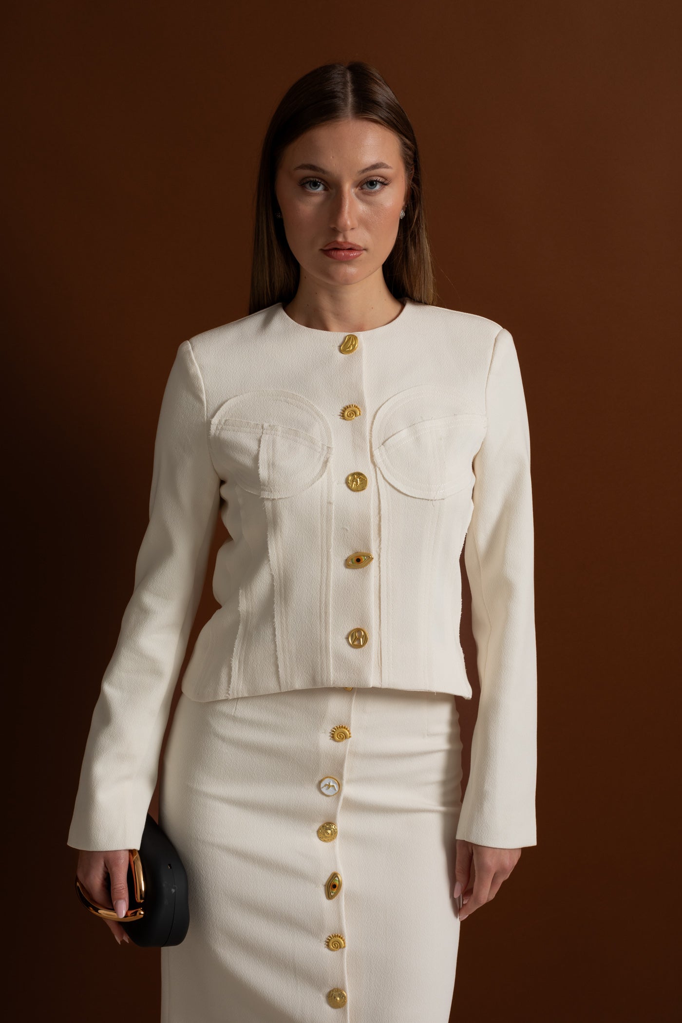 Set Co-ord cu Nasturi Aurii Impunători - Alb