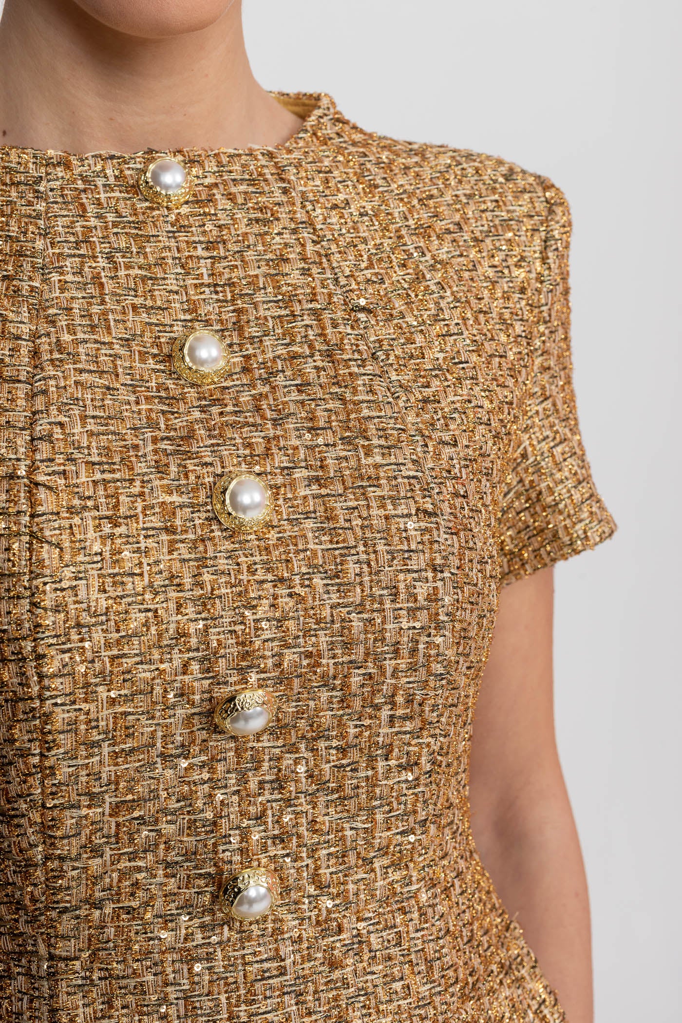 Tweed Mini Dress With Round Neckline And Pearl Button Detail - Gold