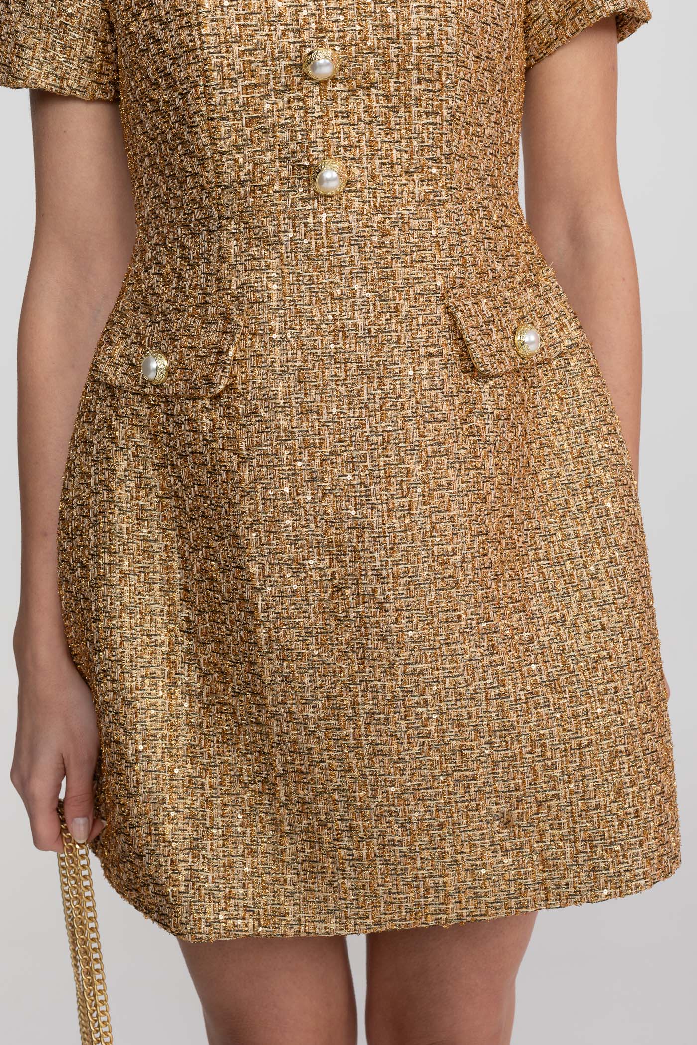Tweed Mini Dress With Round Neckline And Pearl Button Detail - Gold