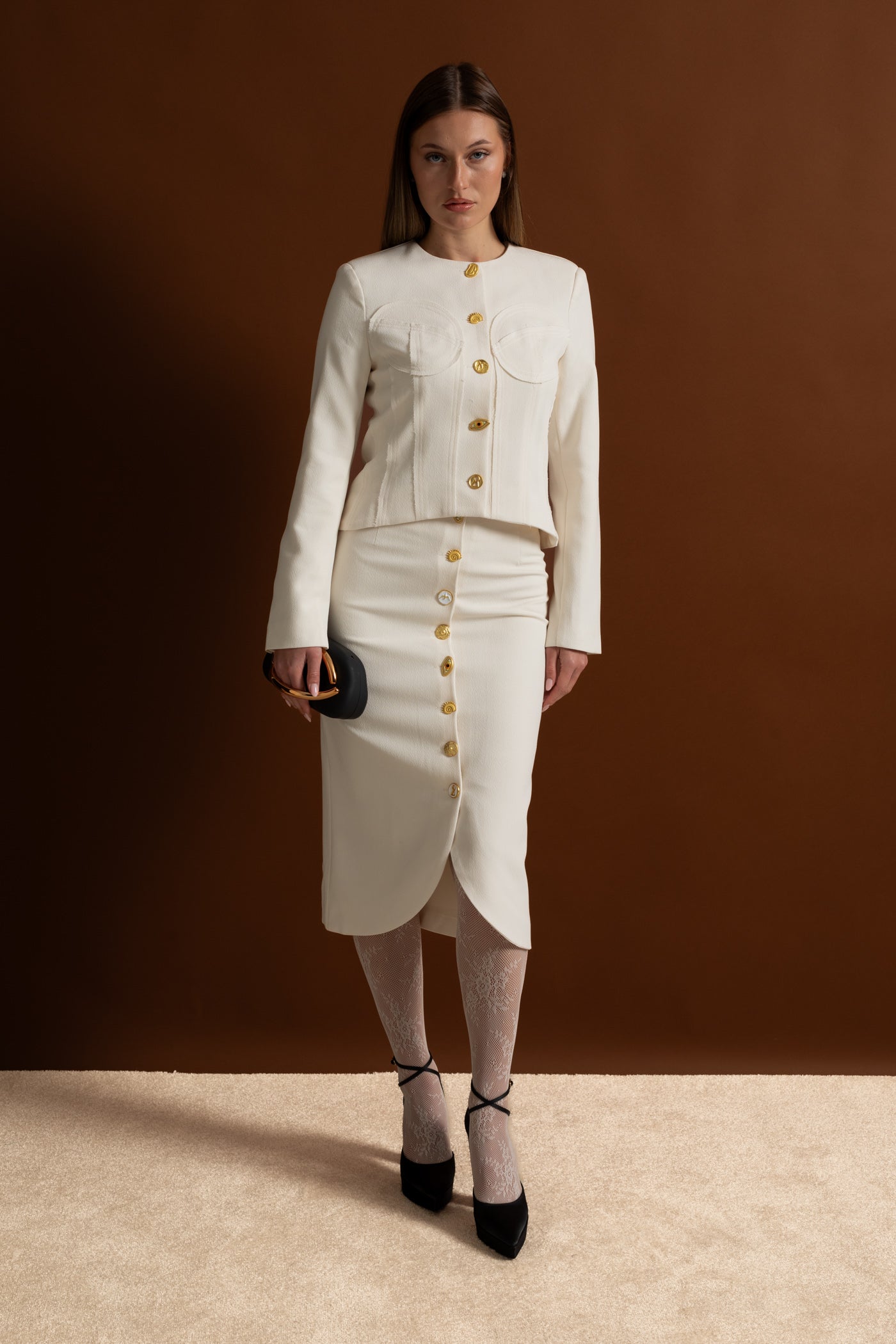 Set Co-ord cu Nasturi Aurii Impunători - Alb