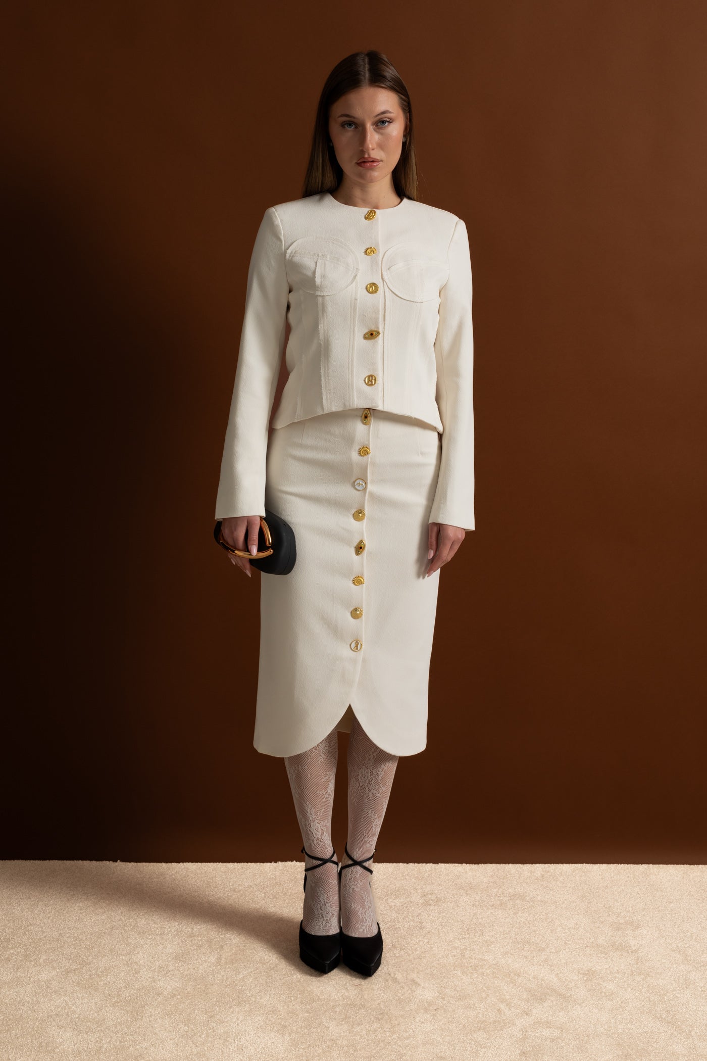 Set Co-ord cu Nasturi Aurii Impunători - Alb