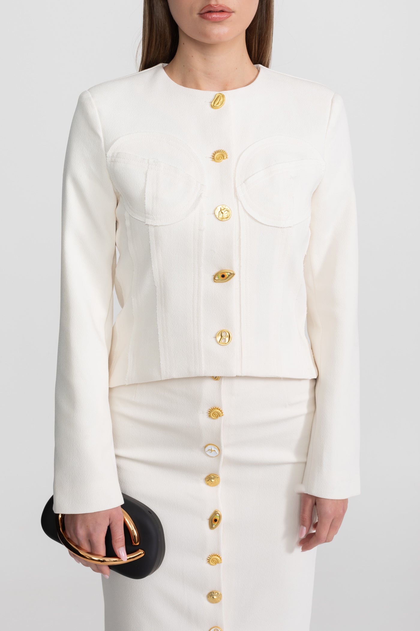 Set Co-ord cu Nasturi Aurii Impunători - Alb