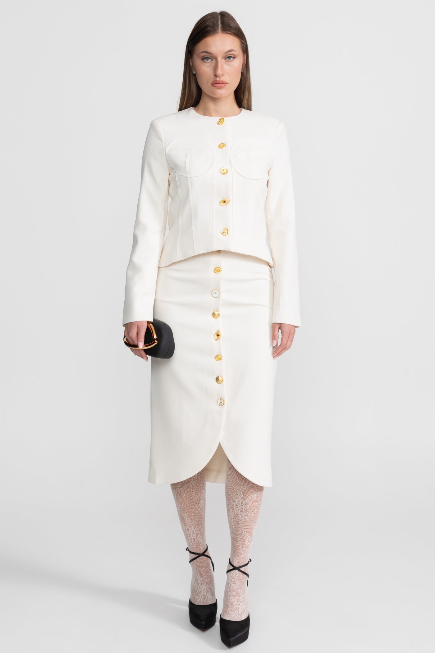 Set Co-ord cu Nasturi Aurii Impunători - Alb