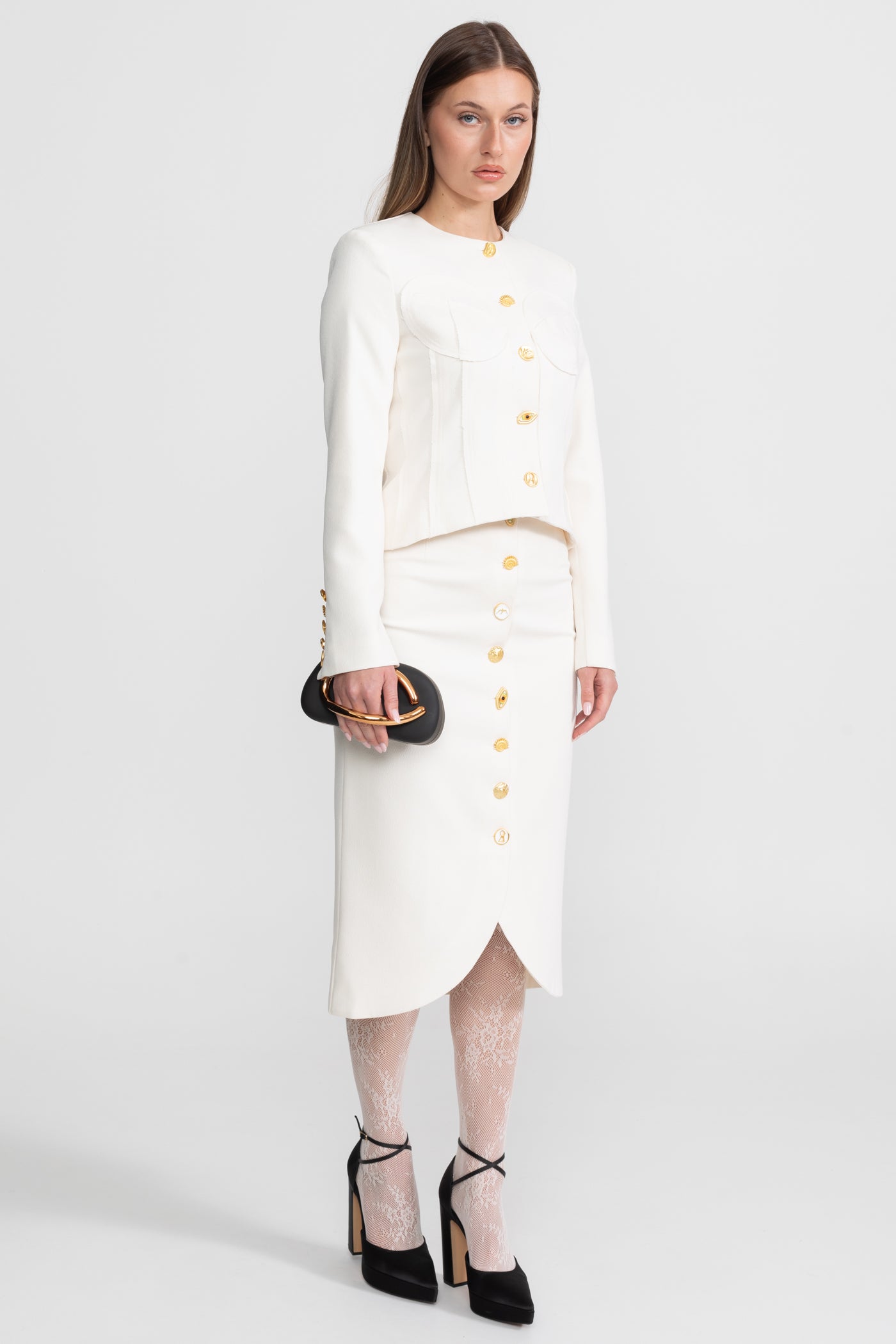 Set Co-ord cu Nasturi Aurii Impunători - Alb