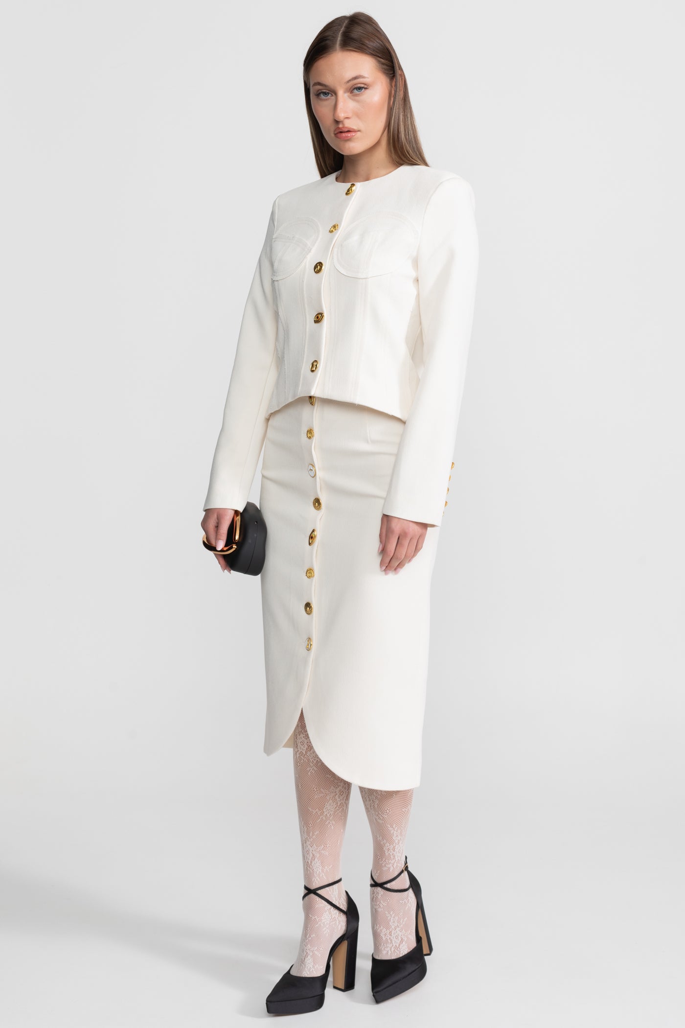 Set Co-ord cu Nasturi Aurii Impunători - Alb