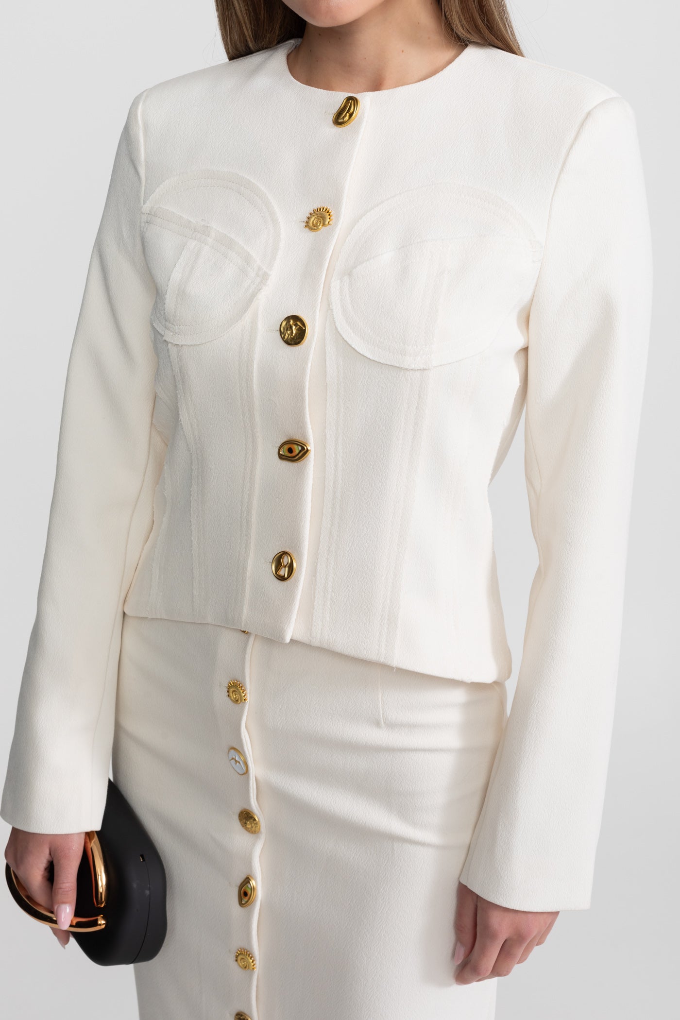 Set Co-ord cu Nasturi Aurii Impunători - Alb