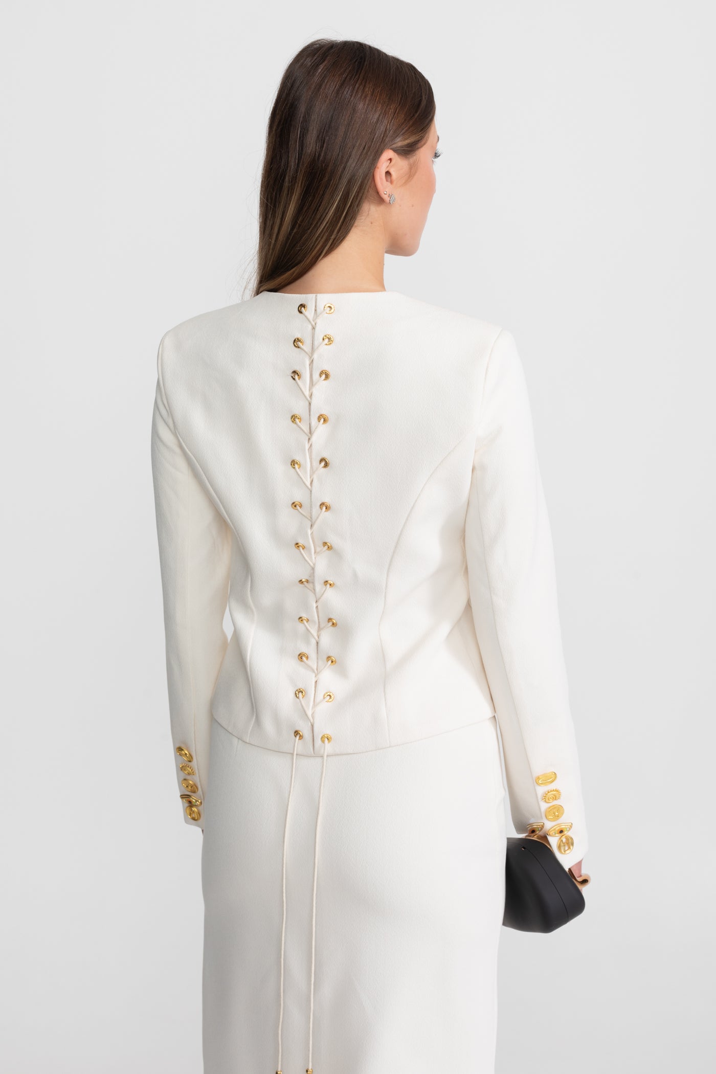 Set Co-ord cu Nasturi Aurii Impunători - Alb