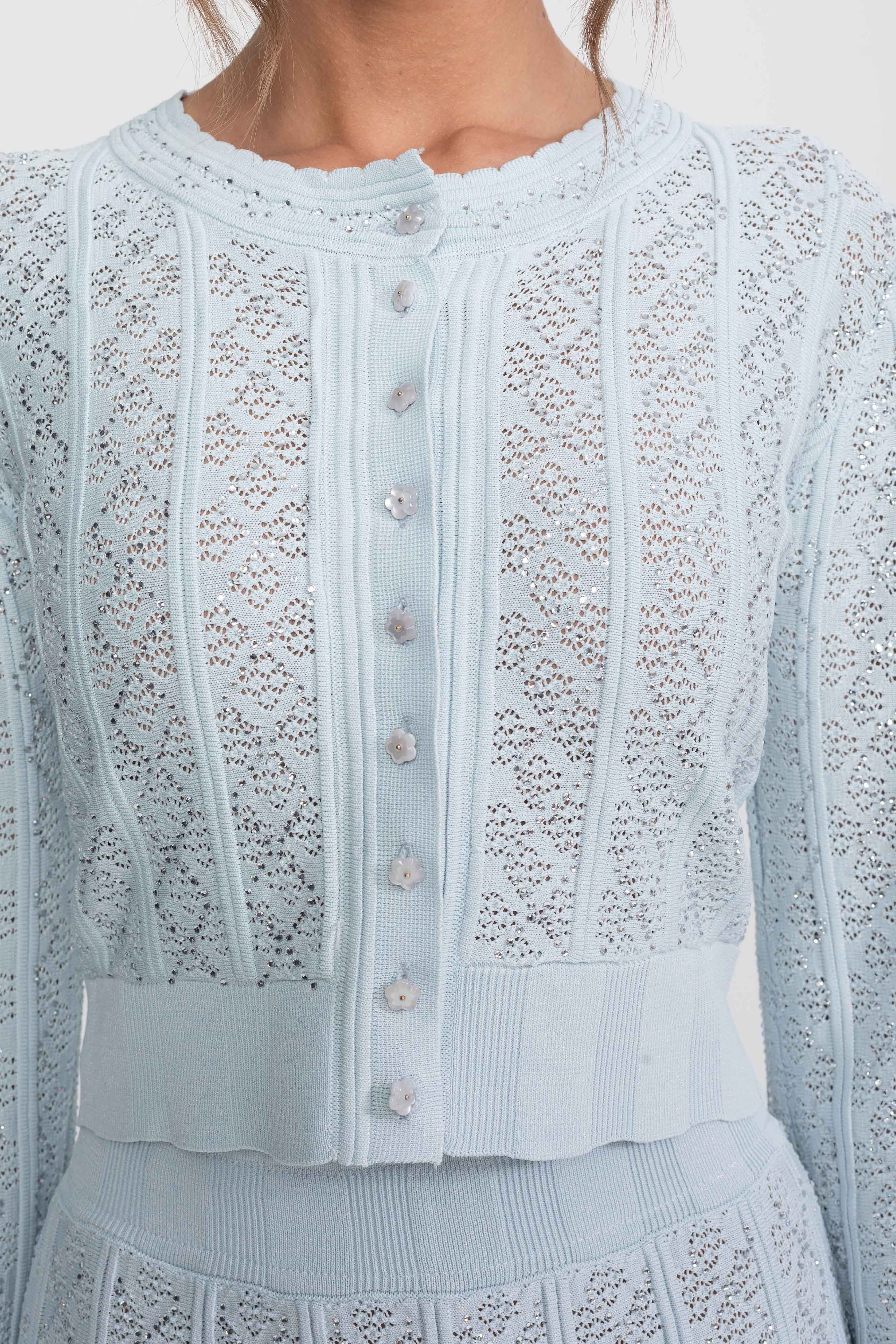 Set coordonat din tricot cu eyelet, cu cardigan și fustă maxi - light blue