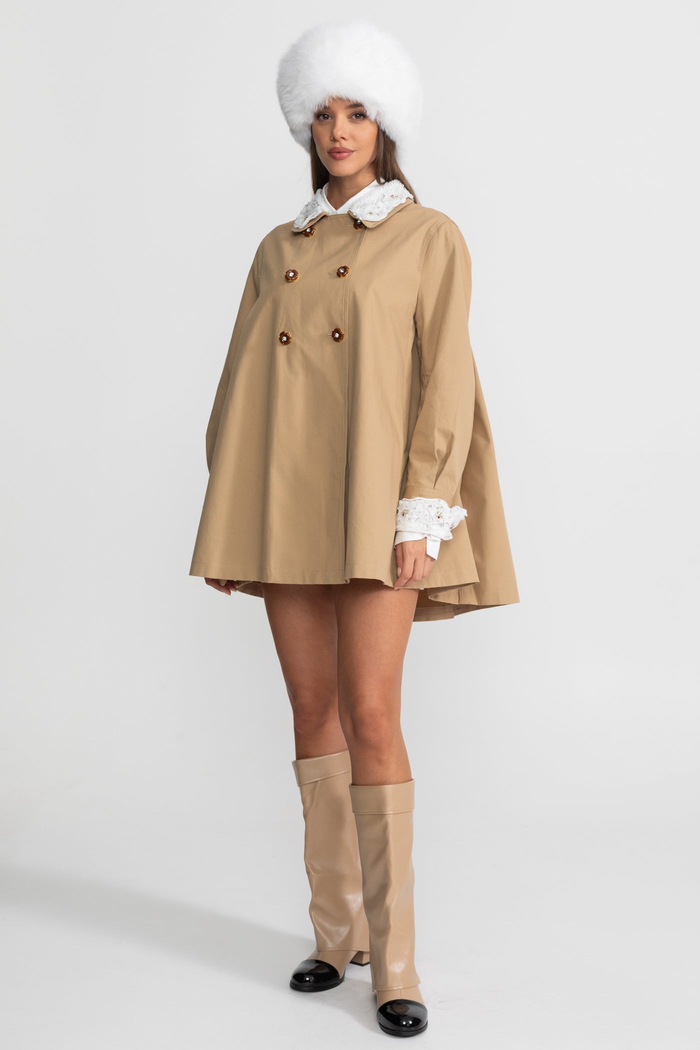 A-Line Trench Mini Dress With Embroidered Collar – Camel