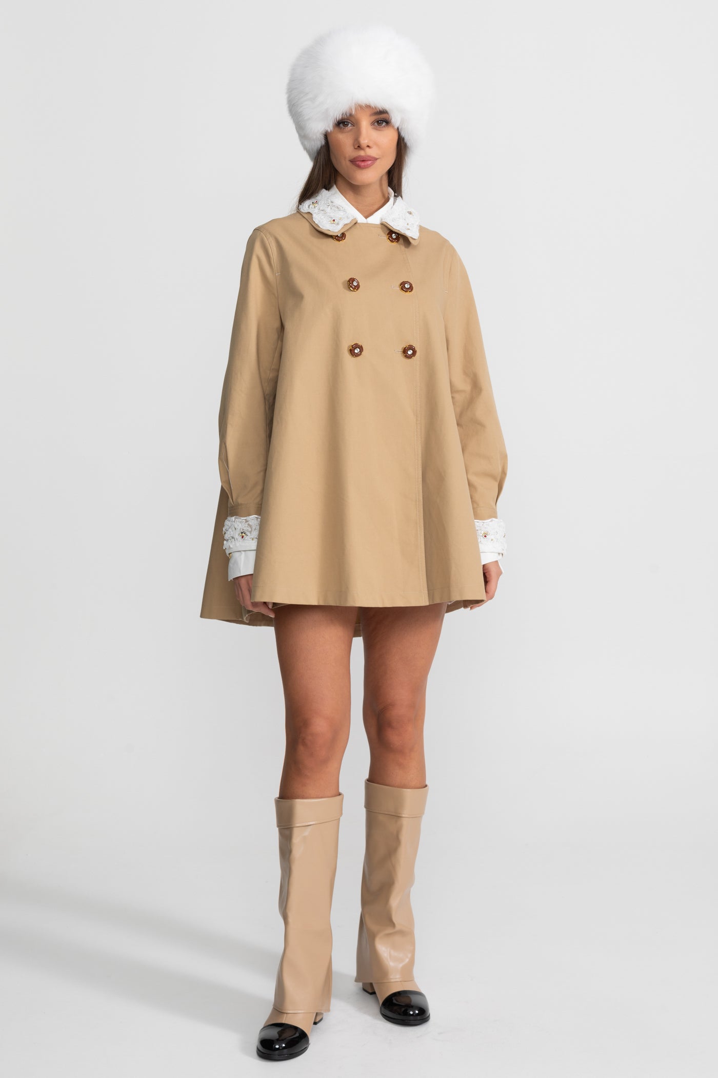 A-Line Trench Mini Dress With Embroidered Collar – Camel