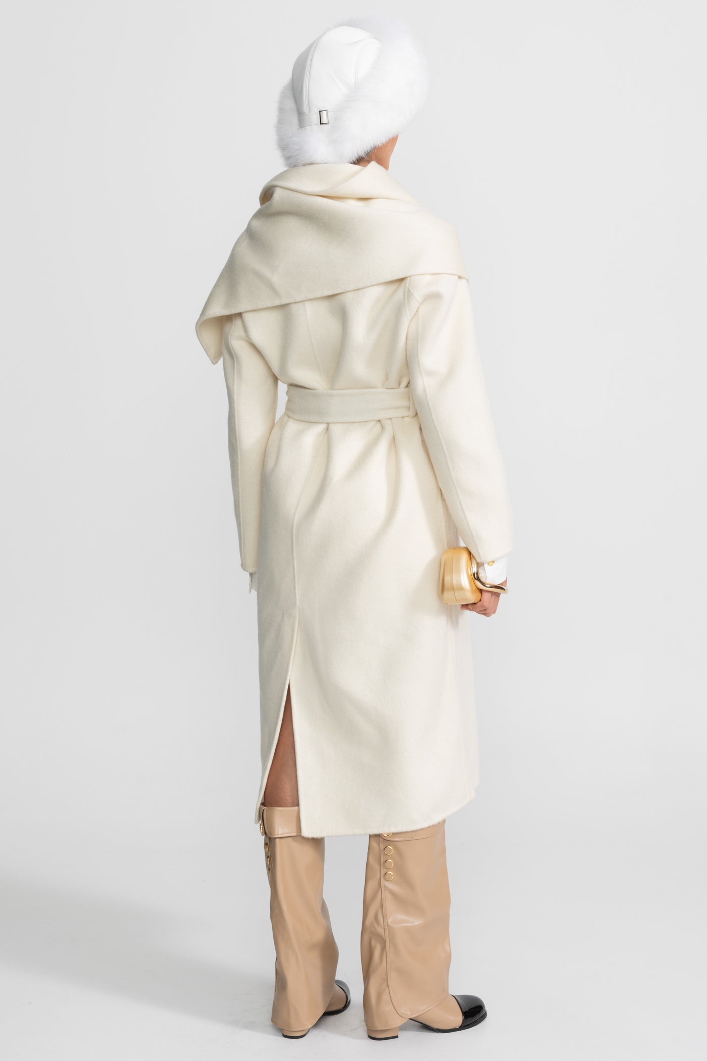 Midi Coat with Oversized Scarf Collar - Beige