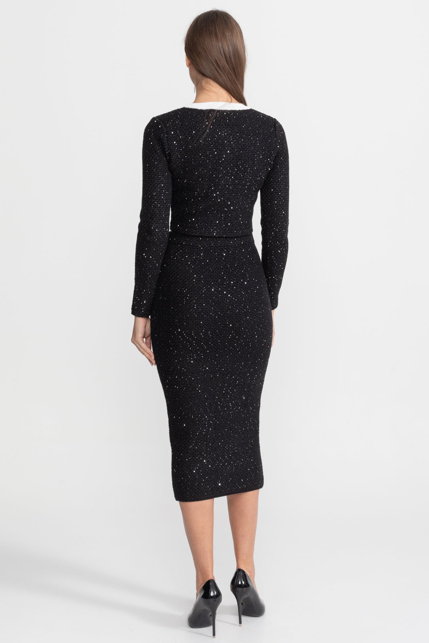 Set Co-Ord din Tweed Brodat cu Tricot și Margine Contrastantă – Negru