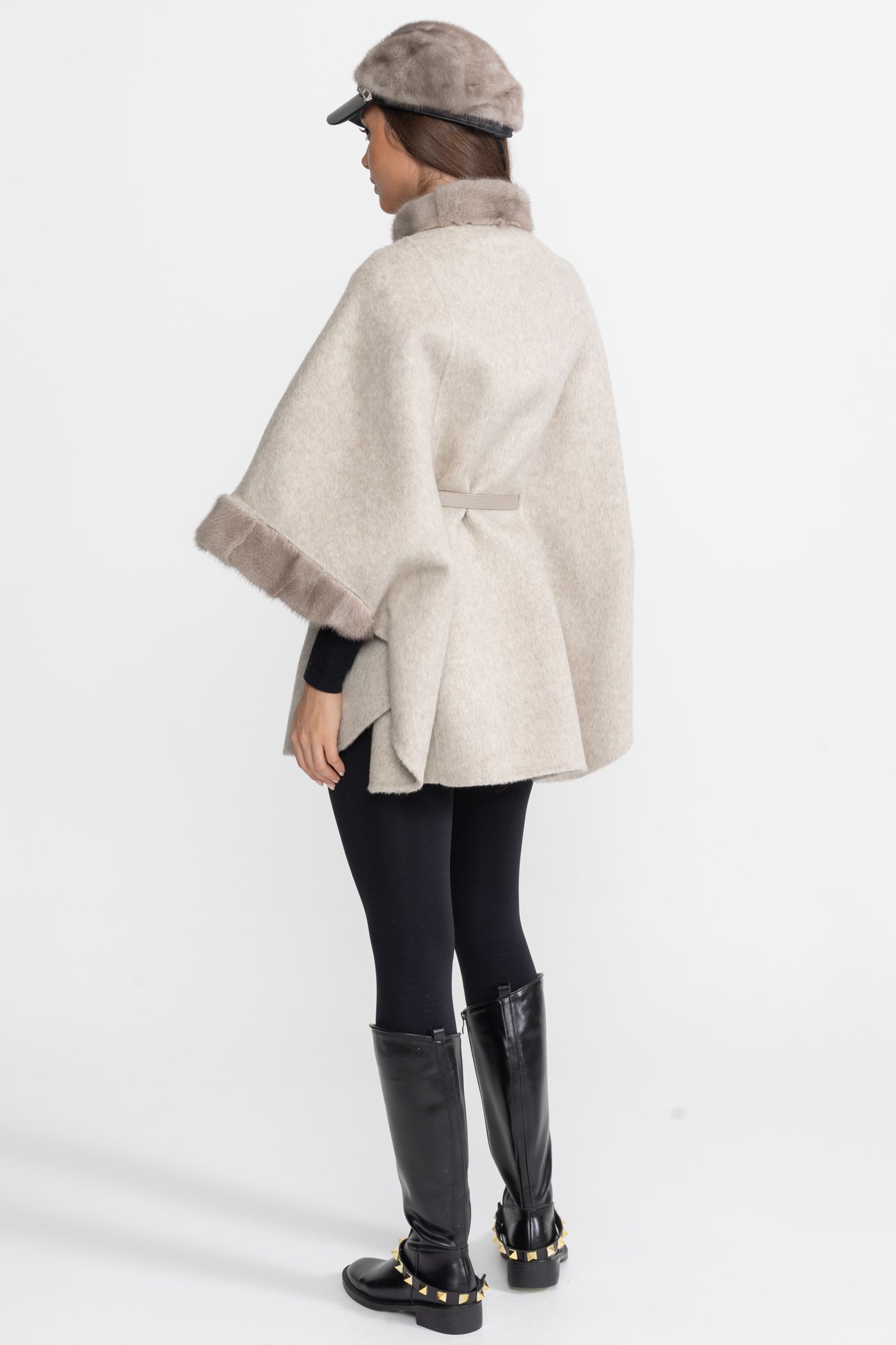 Wool Blend Cape Coat with Sable Fur Trim – Light Grey