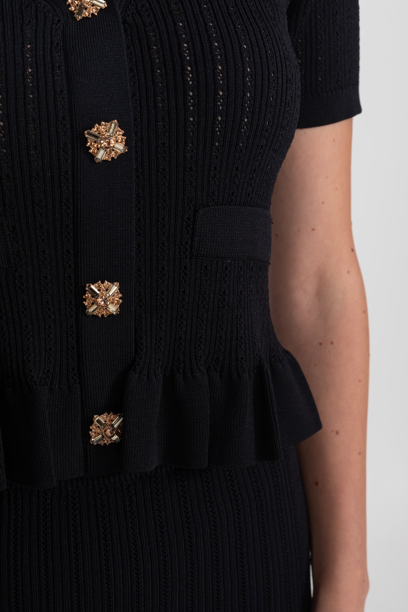 Knit Midi Co-Ord with Peplum Waist and Gold Buttons – Black