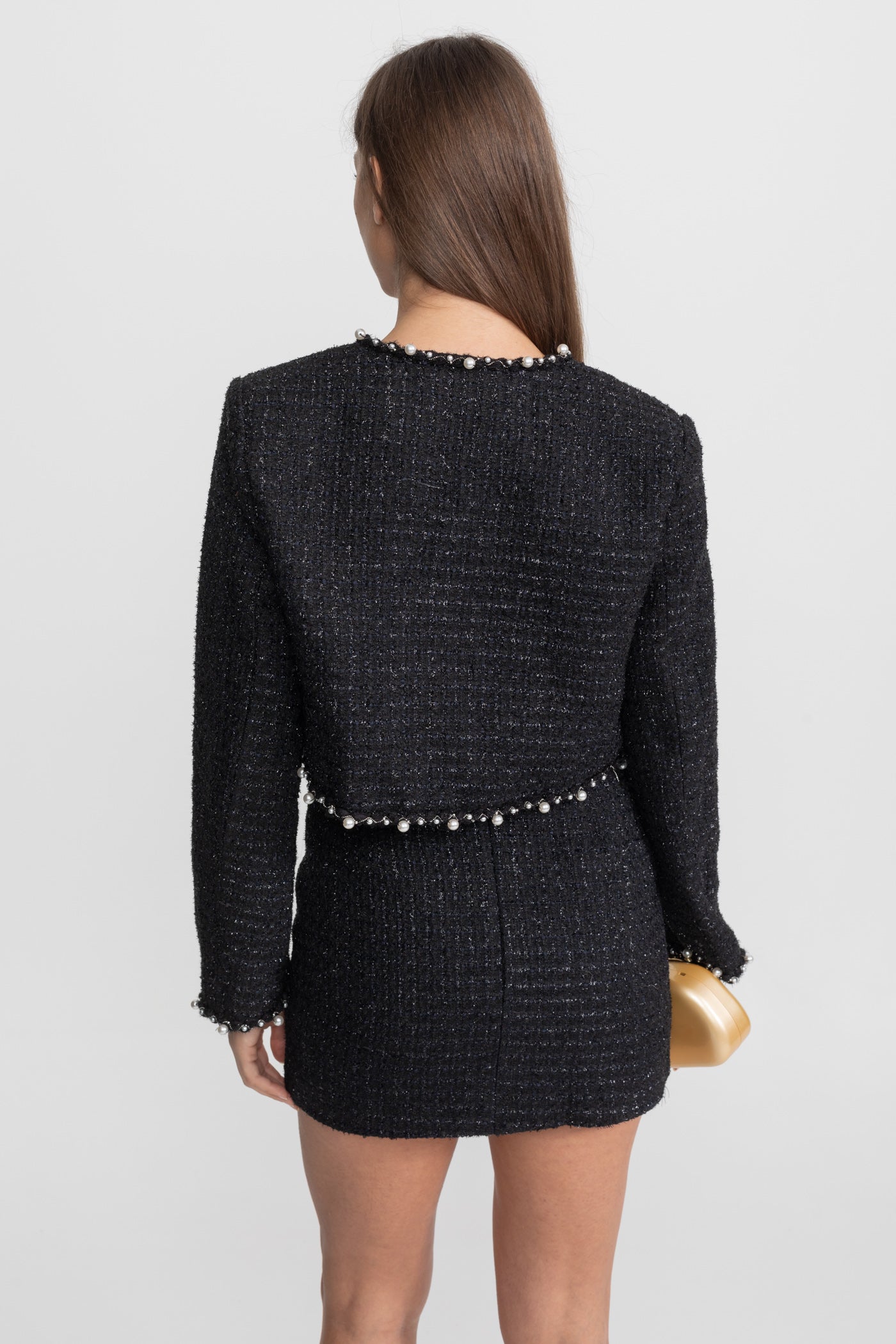 Pearl-Trim Cropped Tweed Blazer with Open Front – Black