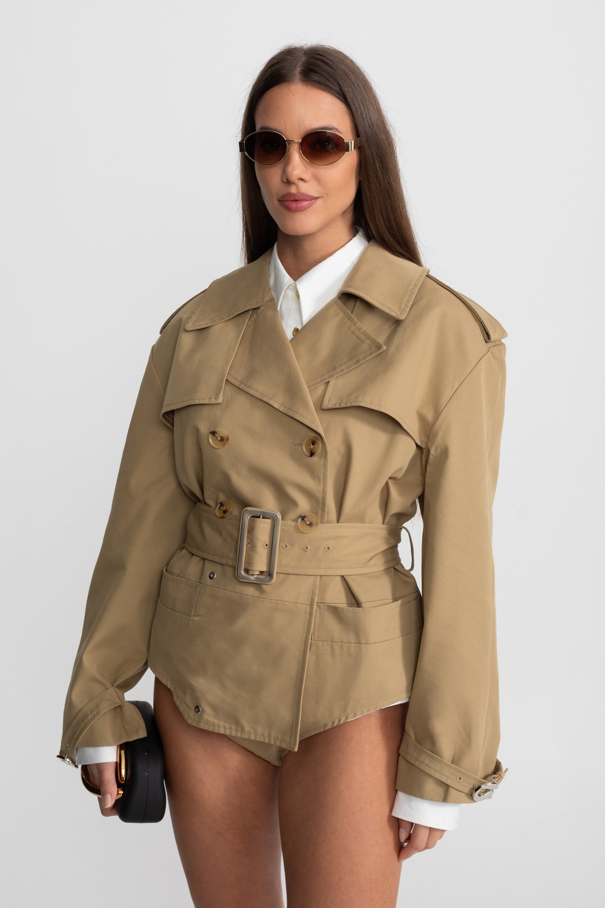 Sacou tip bodysuit trench cu talie cu curea și rever structurat - Bej