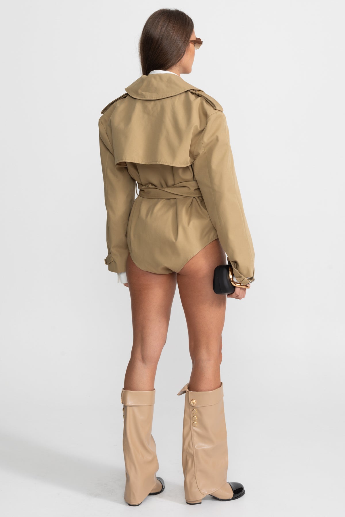 Sacou tip bodysuit trench cu talie cu curea și rever structurat - Bej